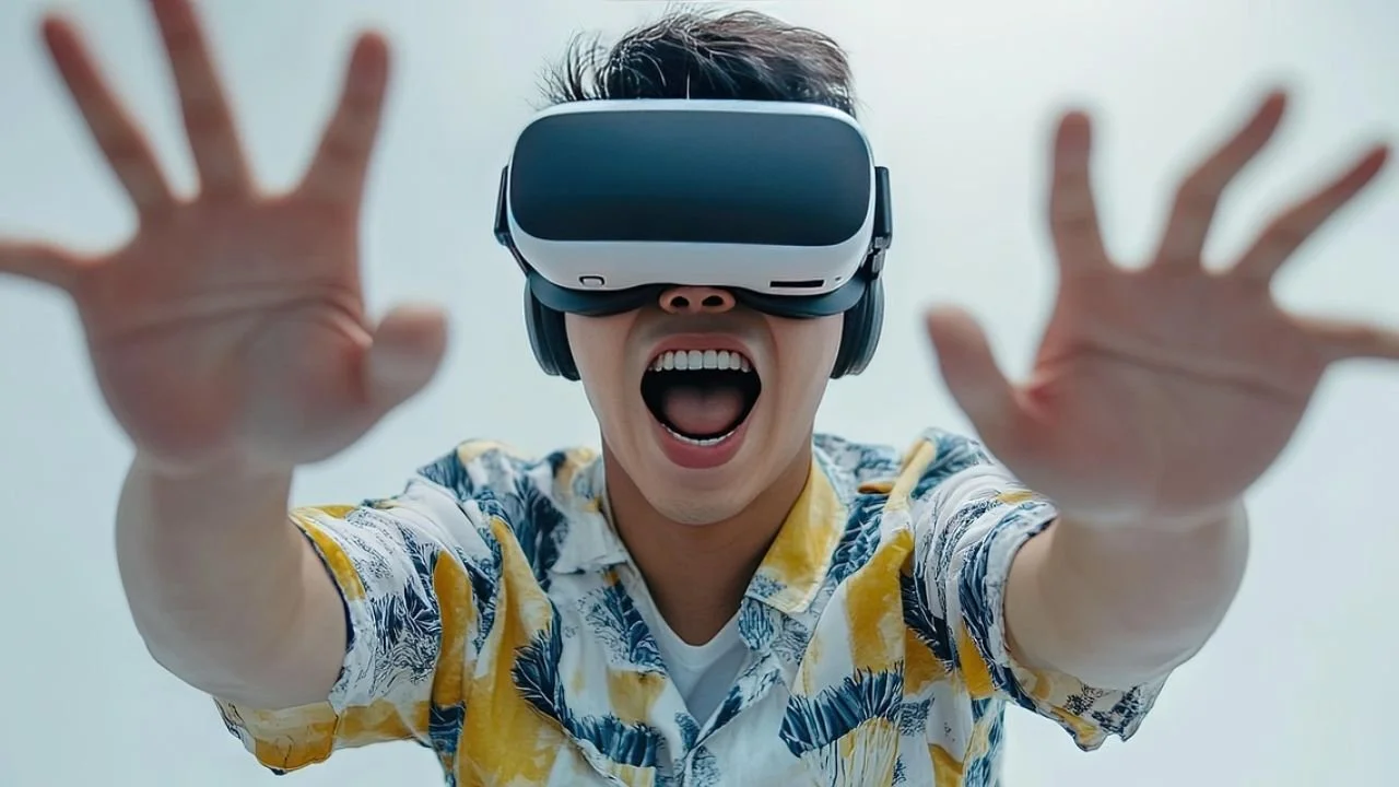 A man wearing a VR headset, illustrating the intensity of VR motion sickness.