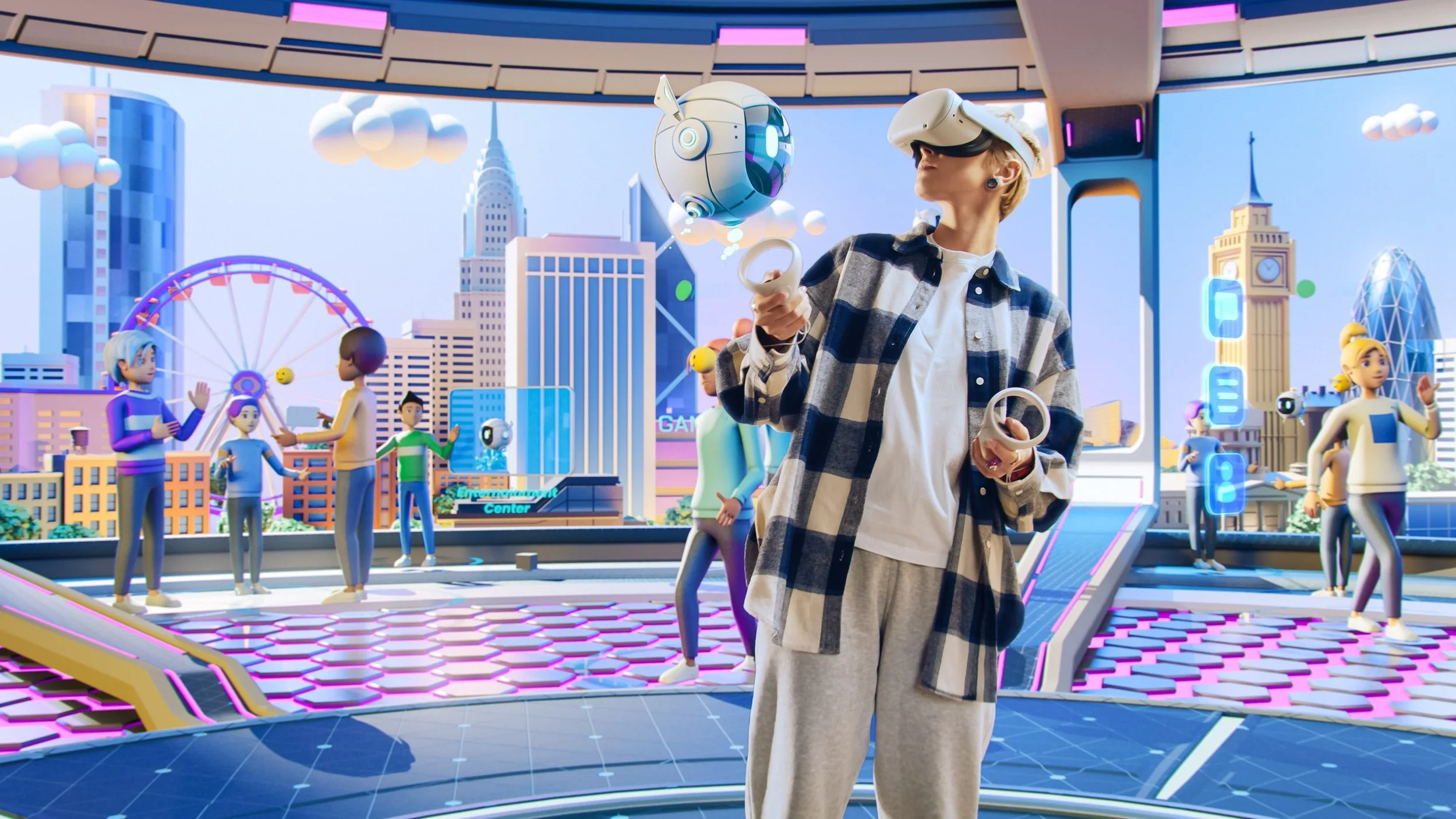 A person wearing a virtual reality headset and checkered jacket is in a digital environment with avatars and futuristic cityscape, holding VR controllers.
