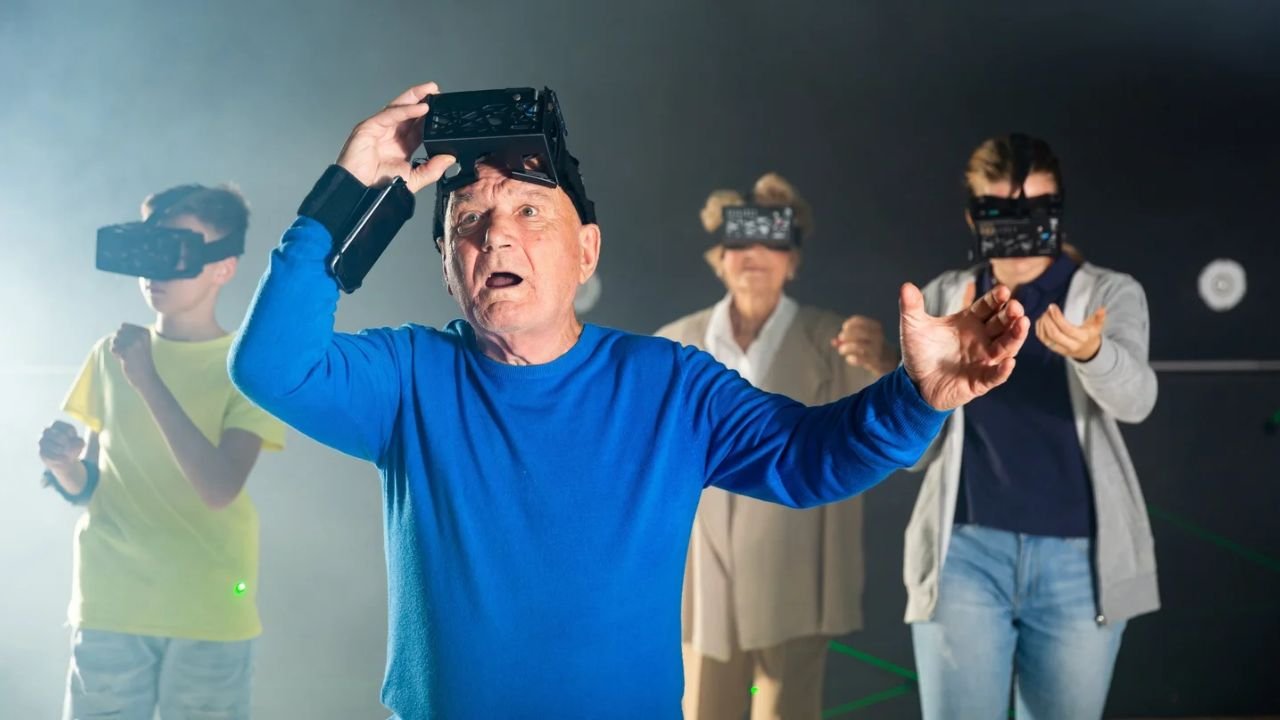 People of different ages wearing VR headsets reacting with surprise during an immersive virtual reality experience