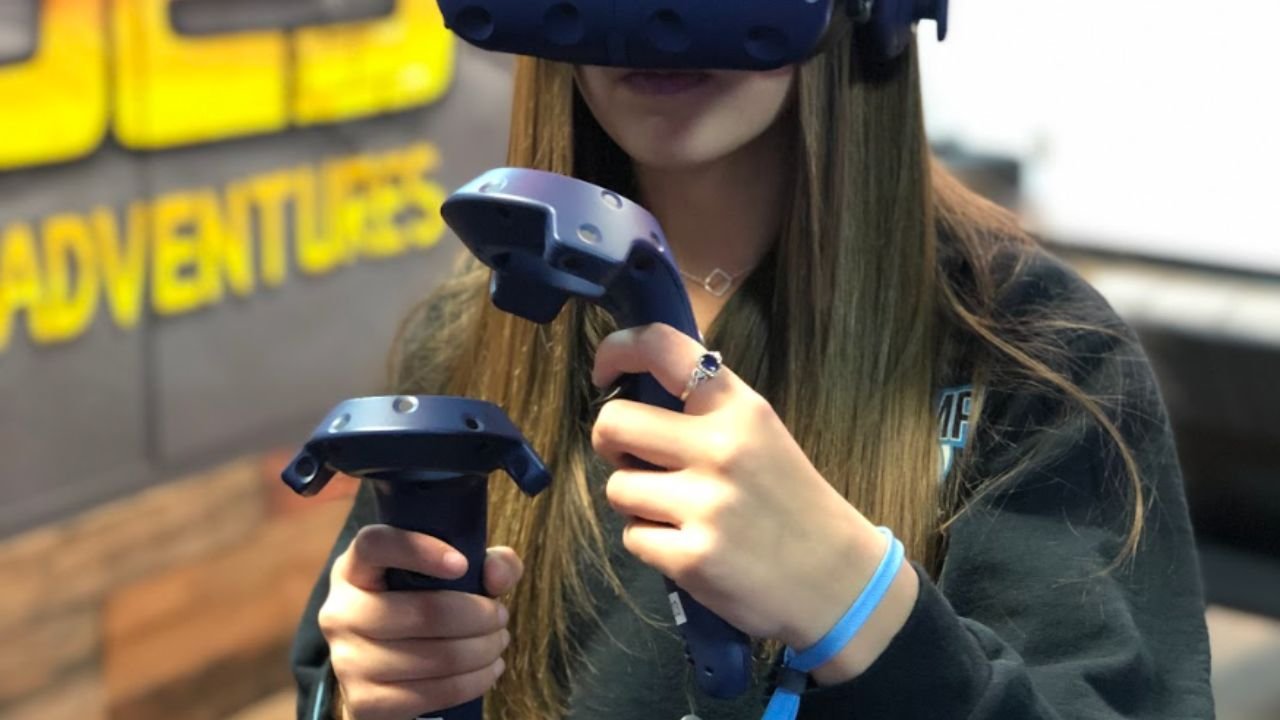 A player using a VR headset and controllers for an immersive adventure.