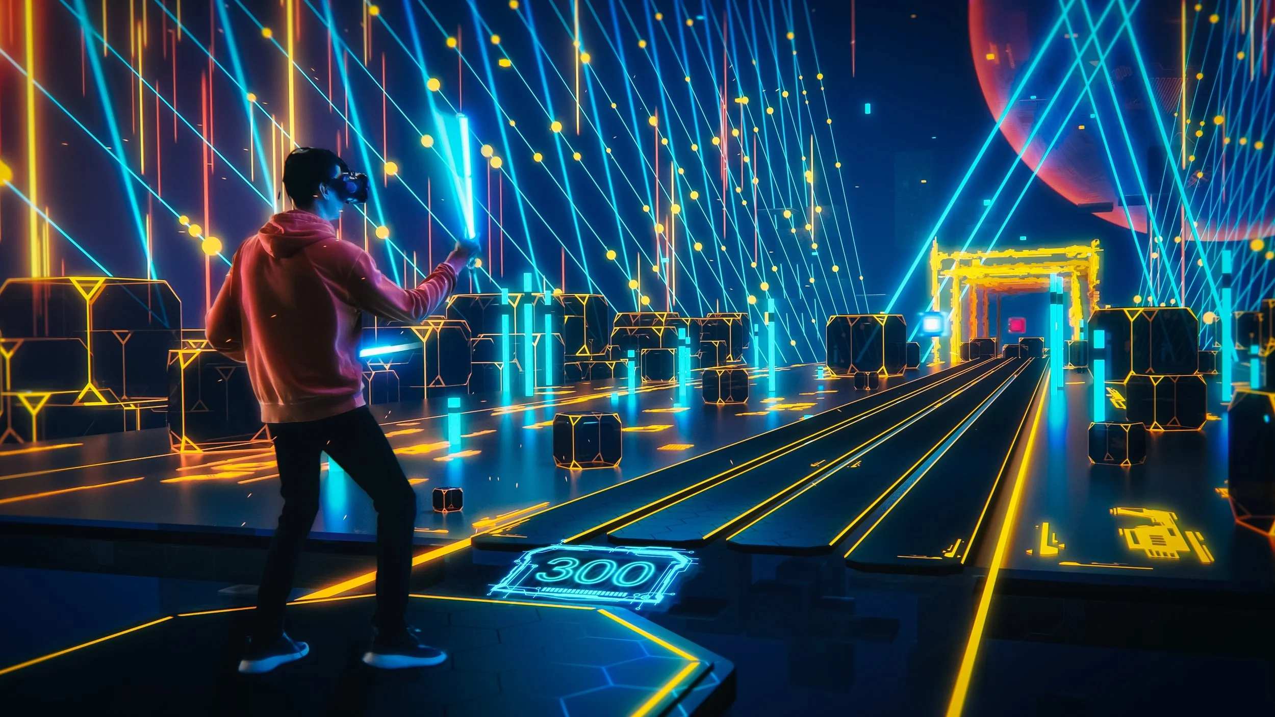 Person wearing a VR headset interacting with a neon-lit virtual reality environment featuring digital pathways, glowing geometric shapes, and bright light lines.