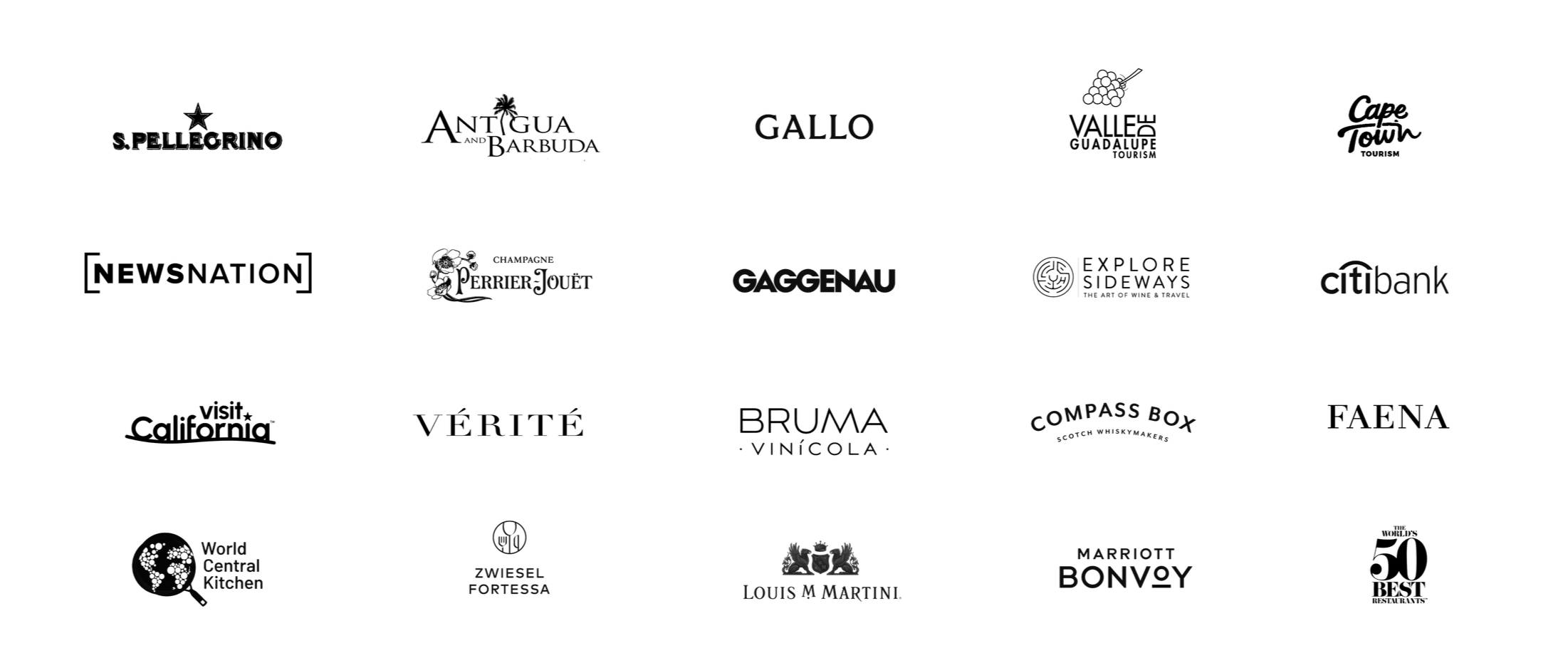 A collection of various company logos arranged in a collage format, including brands like Gallo, Perrier-Jouet, Gaggenau, Citibank, World Central Kitchen, Zwiesel Fostessa, Louis M. Martini, Marriott Bonvoy, and Compass Box.