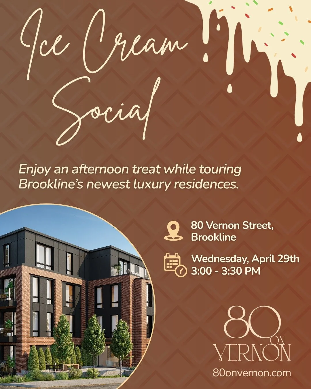 Join us TODAY from 3:00-3:30 PM for an Ice Cream Social at 80onVernon. 🍦

Stop by for a treat, tour the building, and get a closer look at the progress taking shape in the heart of Coolidge Corner. We look forward to seeing you there!

📍80 Vernon S