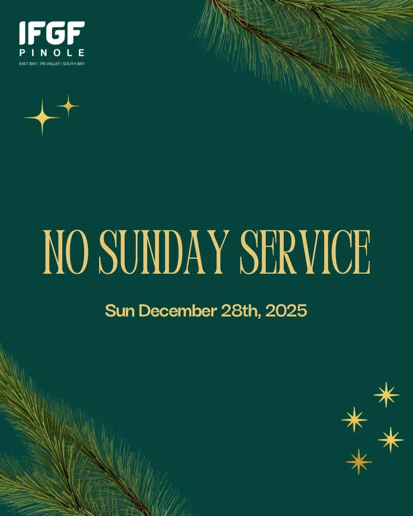 Reminder - No Sunday Service this Sunday, Dec 28th. See you in one of our 3 campuses on Jan 4th to start the year together!

⛪️ Tri-Valley campus 10:30am (2300 Talavera Dr, San Ramon)
⛪️ East Bay campus 2:15pm (2885 Pinole Valley Rd, Pinole)
⛪️ South