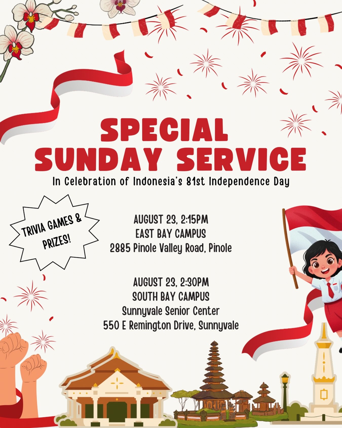 Celebrate 81 years of freedom with us this Sunday! 🇮🇩✨

Join us for a special Sunday Service in East Bay and South Bay campuses, as we honor Indonesia&rsquo;s Independence Day with worship, community, and some friendly competition. Test your nation