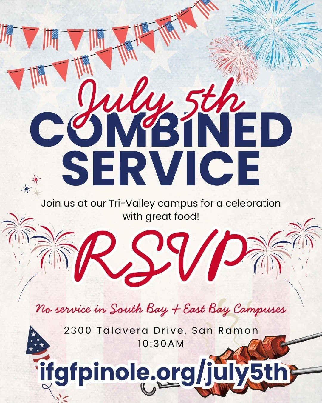Hi church!

With July 4th right around the corner, we're excited to invite everyone to our Combined Service on July 5th!

Join us for a special time of worship followed by a picnic-style BBQ, fun activities, and fellowship for the whole family.

✅ RS