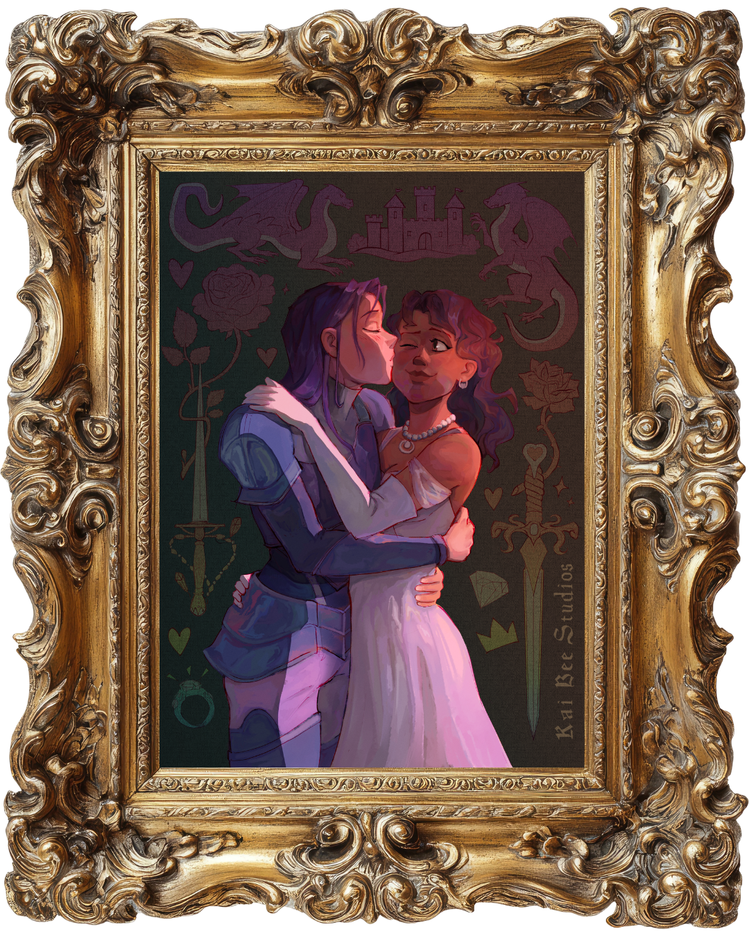 Digital painting of two femme presenting characters embracing, one kissing the other's cheek with the other smiling, mocked up inside an ornate gold frame, with medieval castle, dragons, heart, and rose motifs in the background on a tapestry.