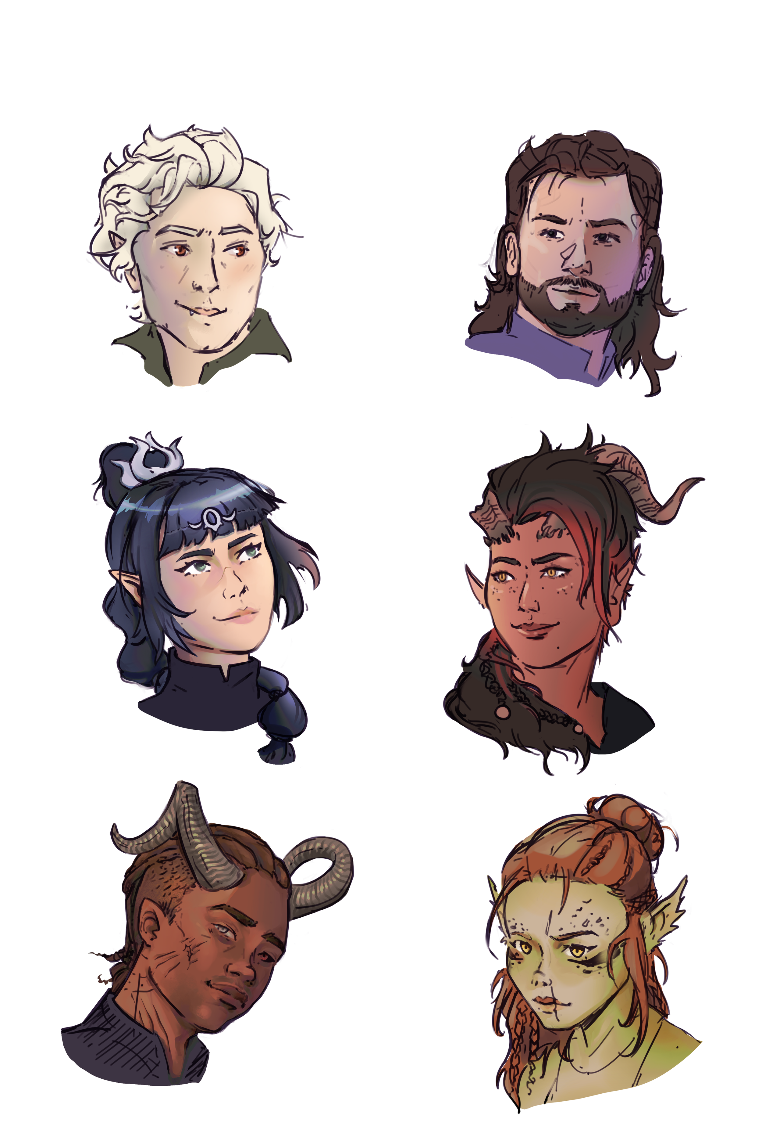 Digital illustration of six diverse fantasy characters with speech bubbles, suggesting a dialogue or conversation.