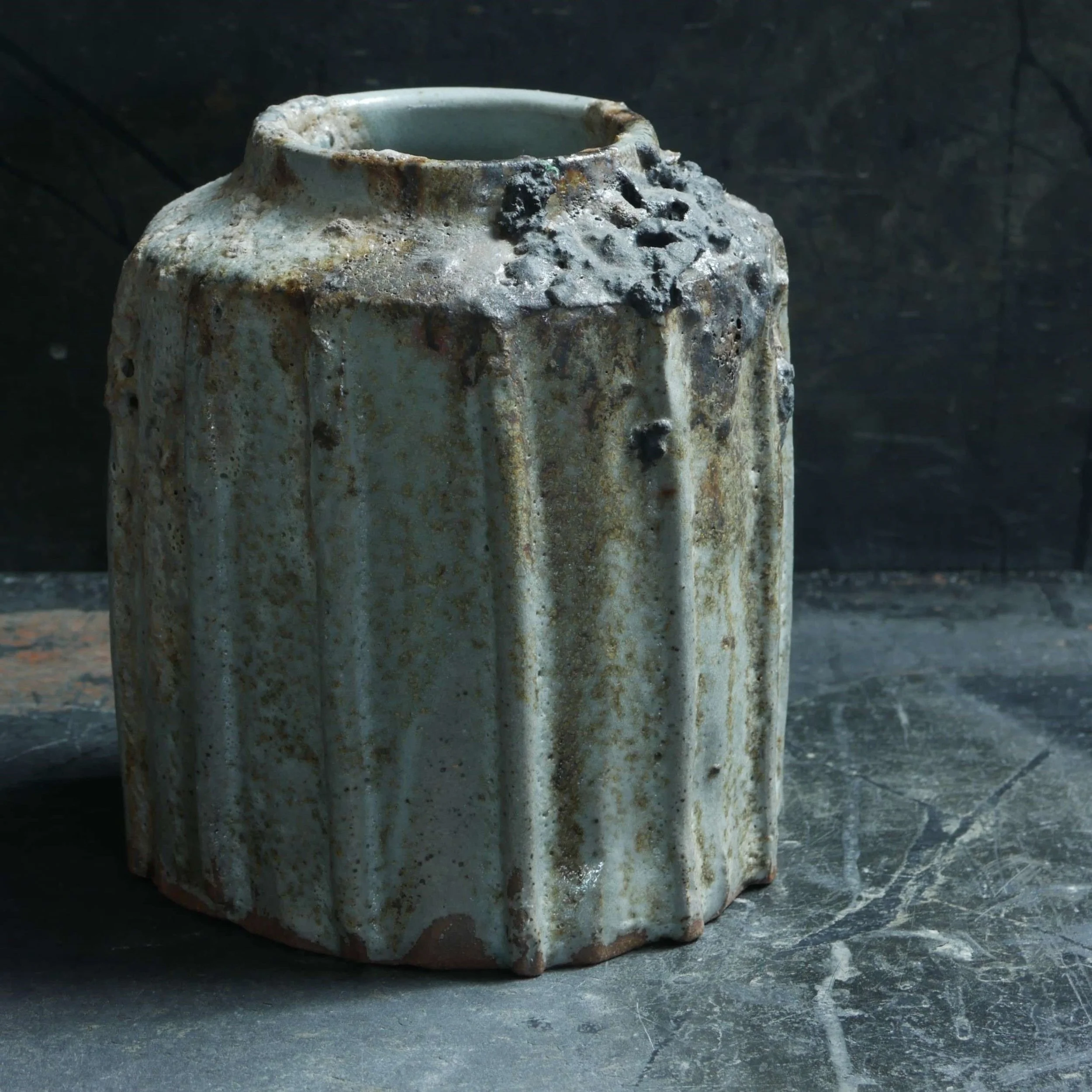 ribbed jar in celadon glaze with colouring additions by Andy van Vliet