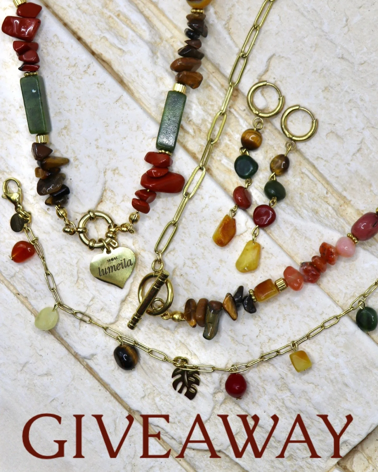 🍁Gewinnspiel - autumn edition 🍁
 
1.: Lumeila-Kette Gold 43 cm - Jade, roter Jaspis, Tigerauge &amp; Mookait 
2.: Kette Gold 40cm - Karneol, Mookait, Tigerauge &amp; Bernstein 
3.: Armband Gold - Karneol, Calcit, Tigerauge, roter Jaspis, Bernstein 