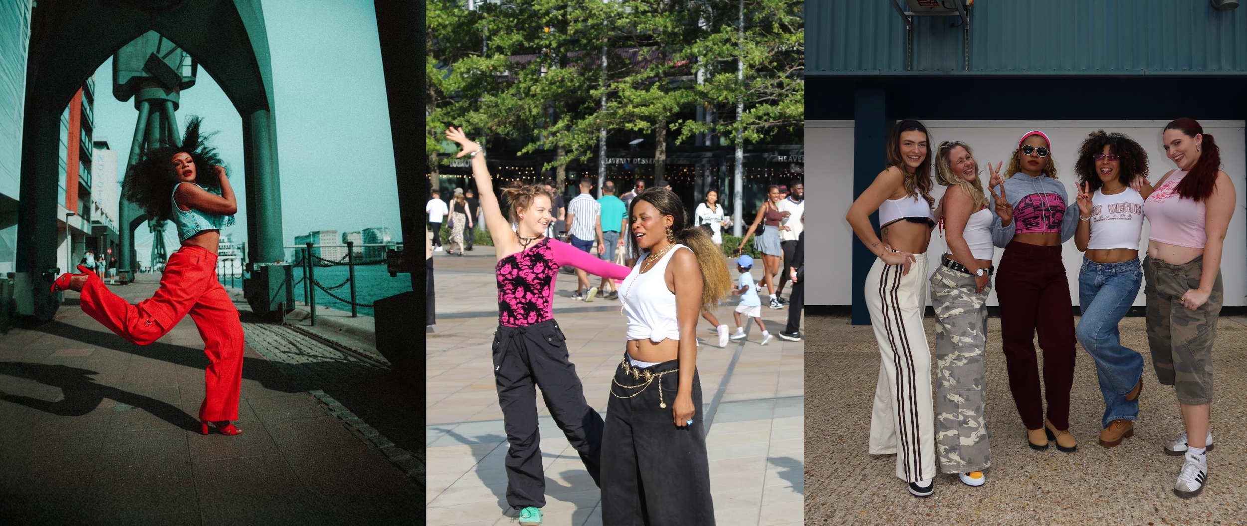 Three groups of women enjoying outdoor activities in an urban setting. The first woman is posing under a bridge with her hair flowing, wearing red pants and a tank top. The second group is dancing in a busy park with trees and people in the background, wearing casual sportswear. The third group is posing together in front of a building, wearing casual, stylish outfits and sunglasses.