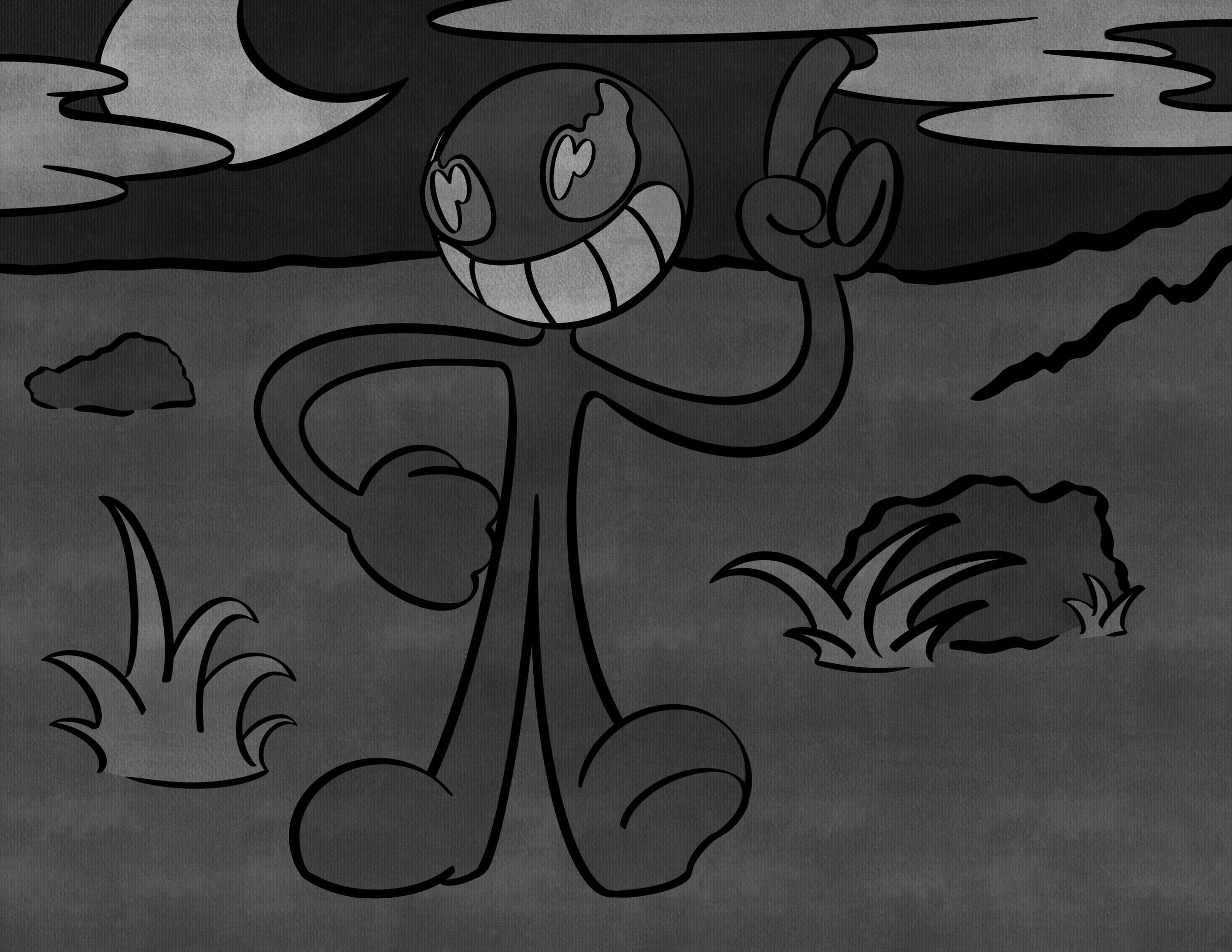 Cartoon character with a big grin and large eyes, pointing upward in a monochrome night scene with clouds and rocky landscape.