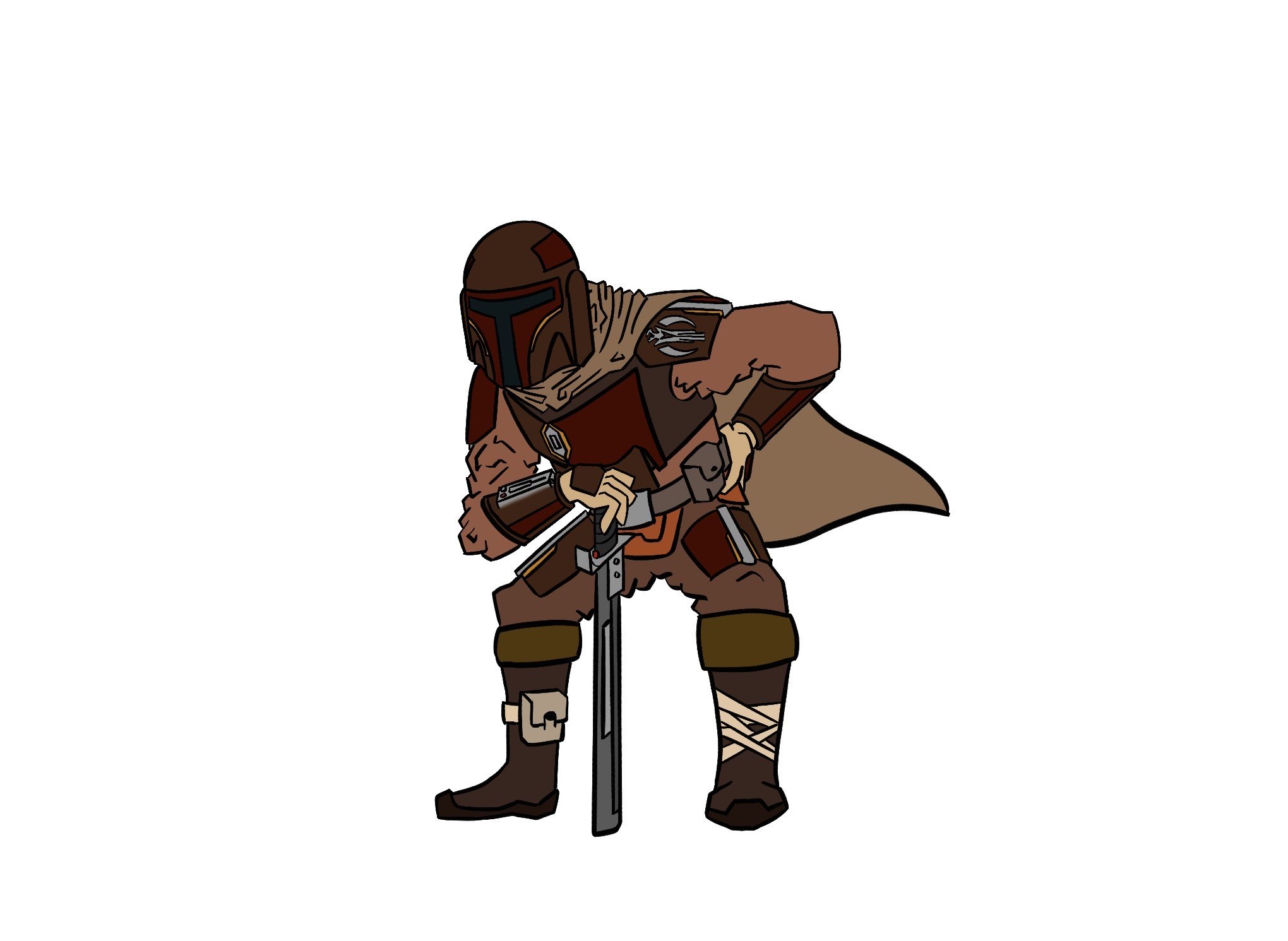 Illustration of a elderly Mandalorian character in armor with a helmet and cape, holding a weapon.