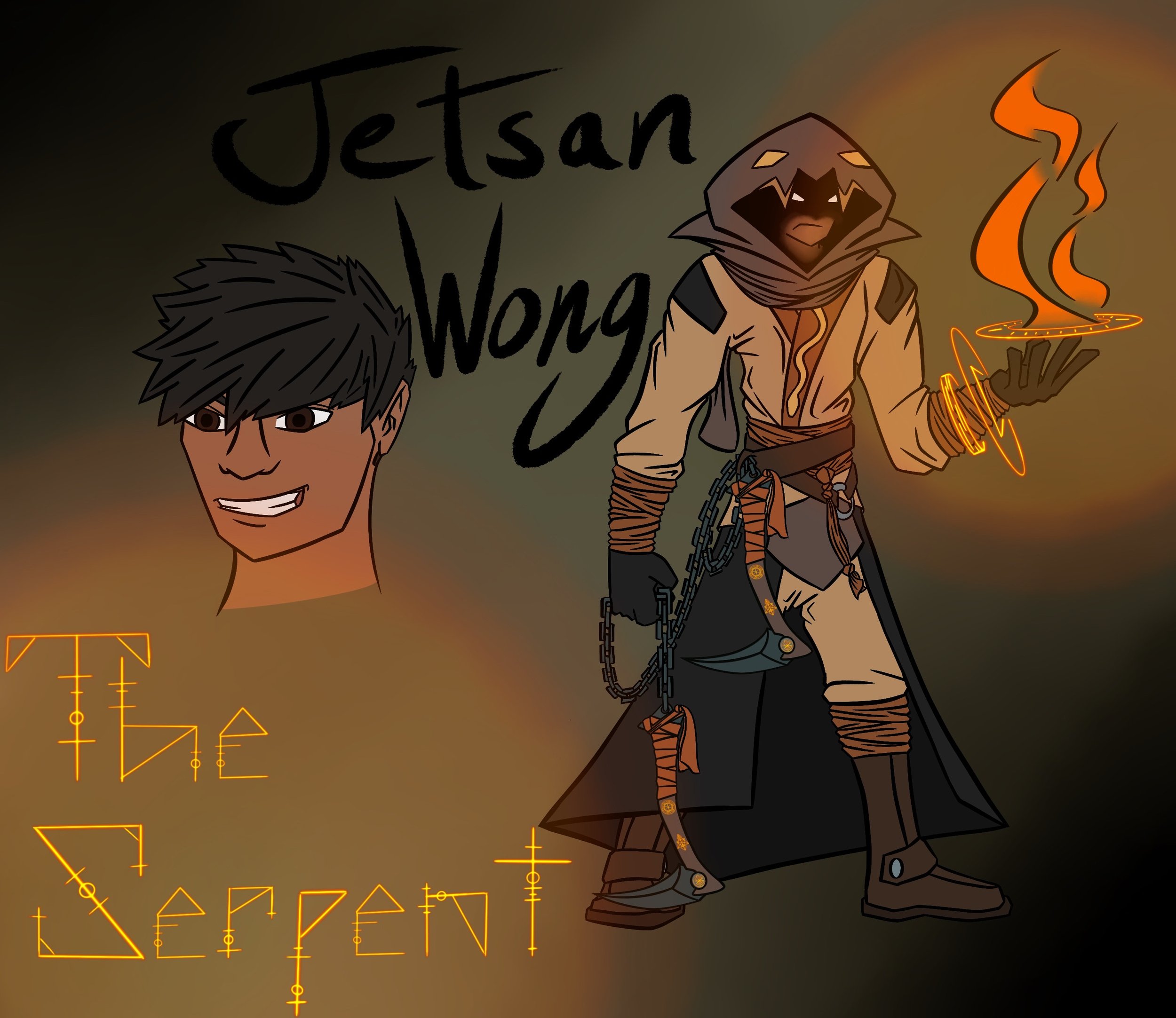 Illustration of a character named Jetsan Wong, depicted with a hooded cloak, wielding a magical flame, and accompanied by a headshot. Text reads "The Serpent."