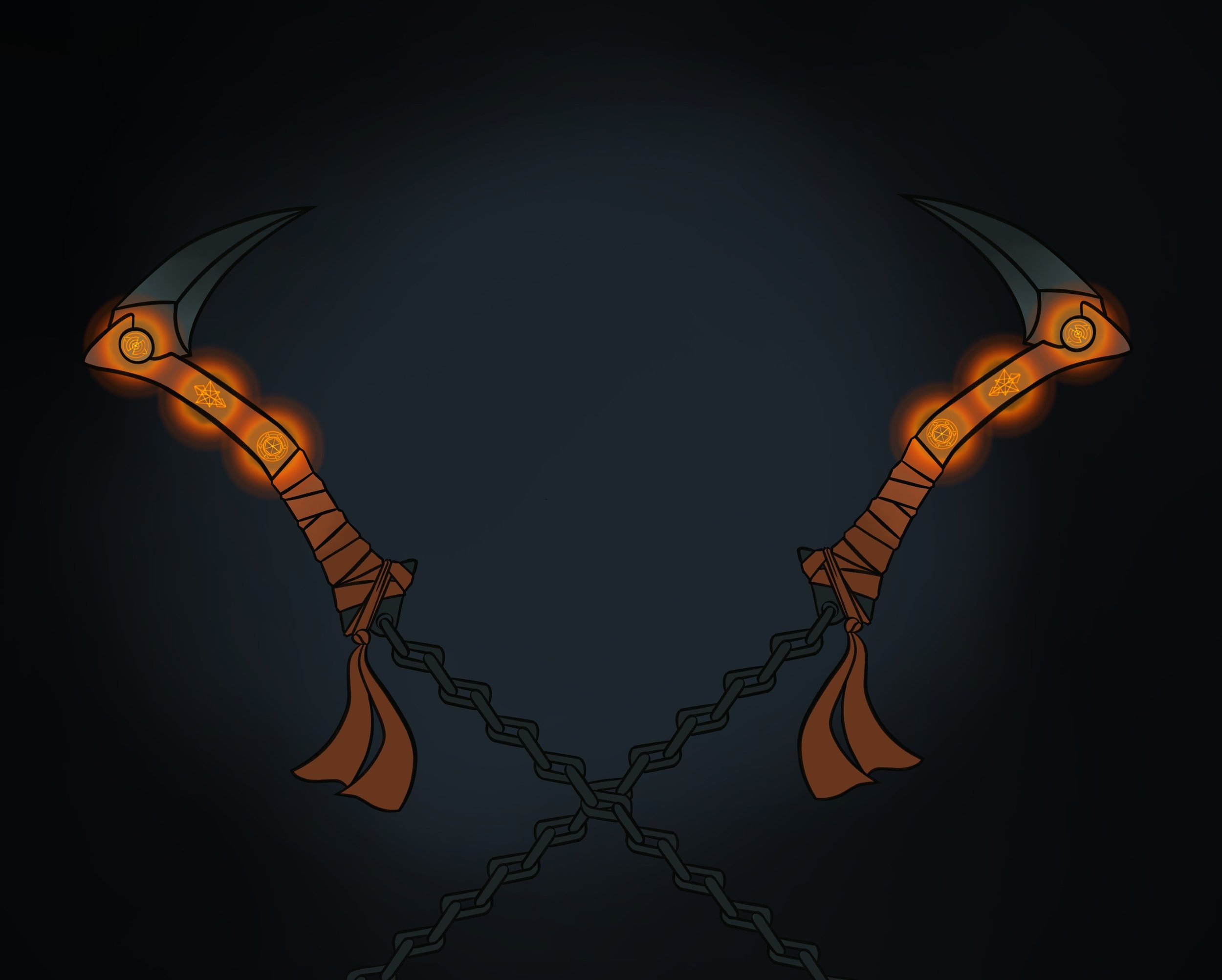 Illustration of two chained weapons with glowing runes