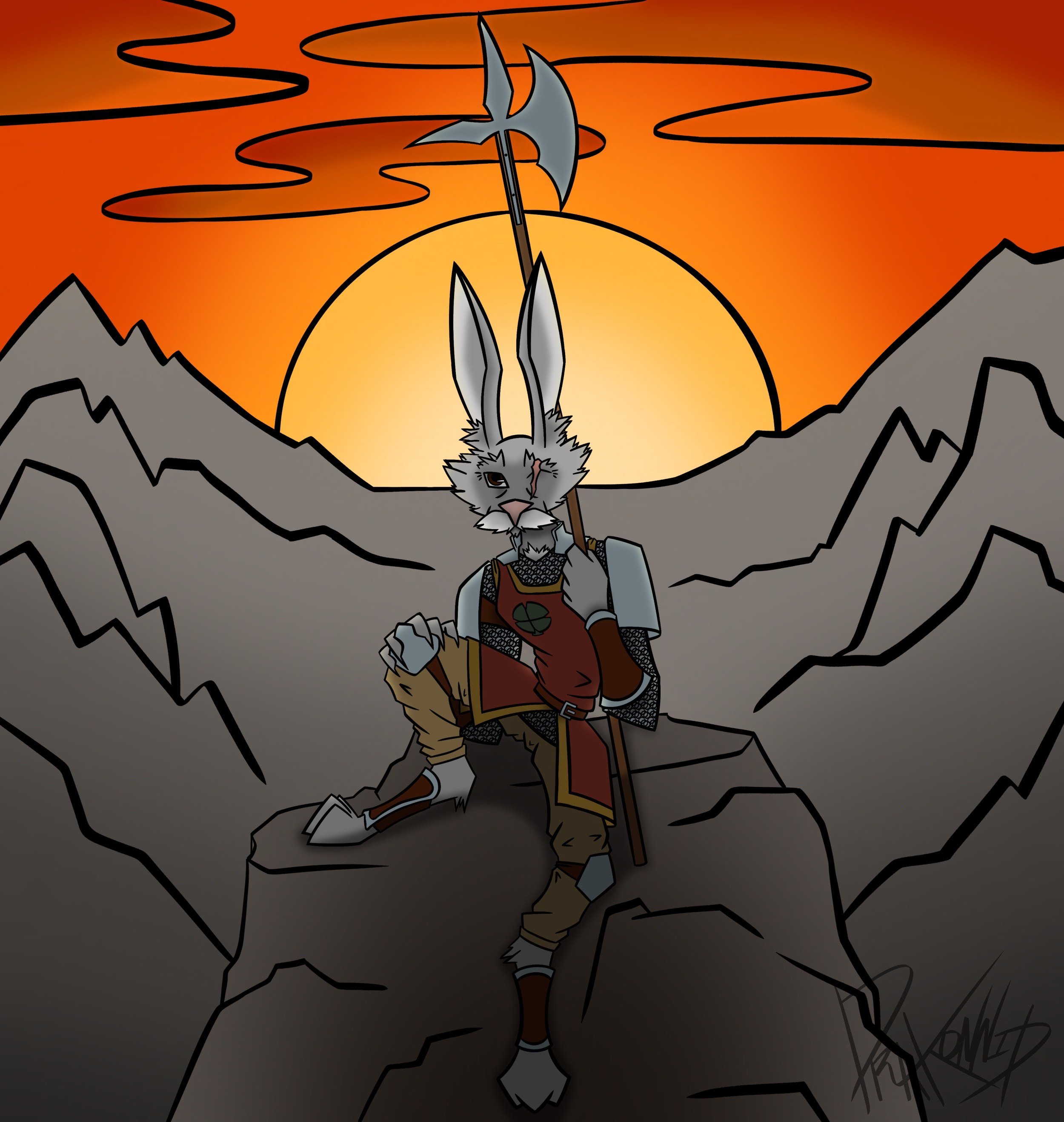 Anthropomorphic rabbit warrior with armor sitting on a rock against a sunset and mountain backdrop.
