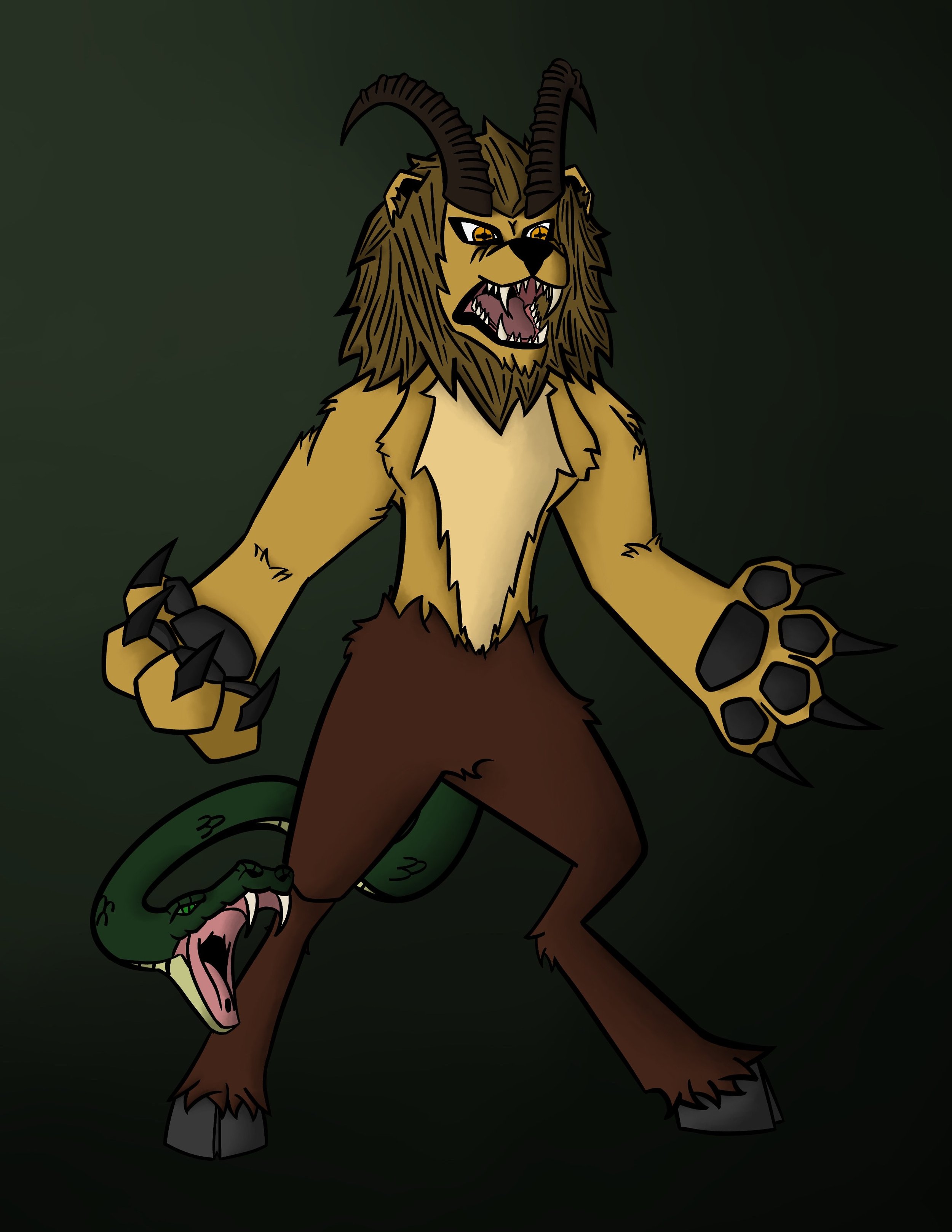 Illustration of a chimera with a lion's head and mane, goat horns, a snake tail, and lion-like claws on a dark background."}