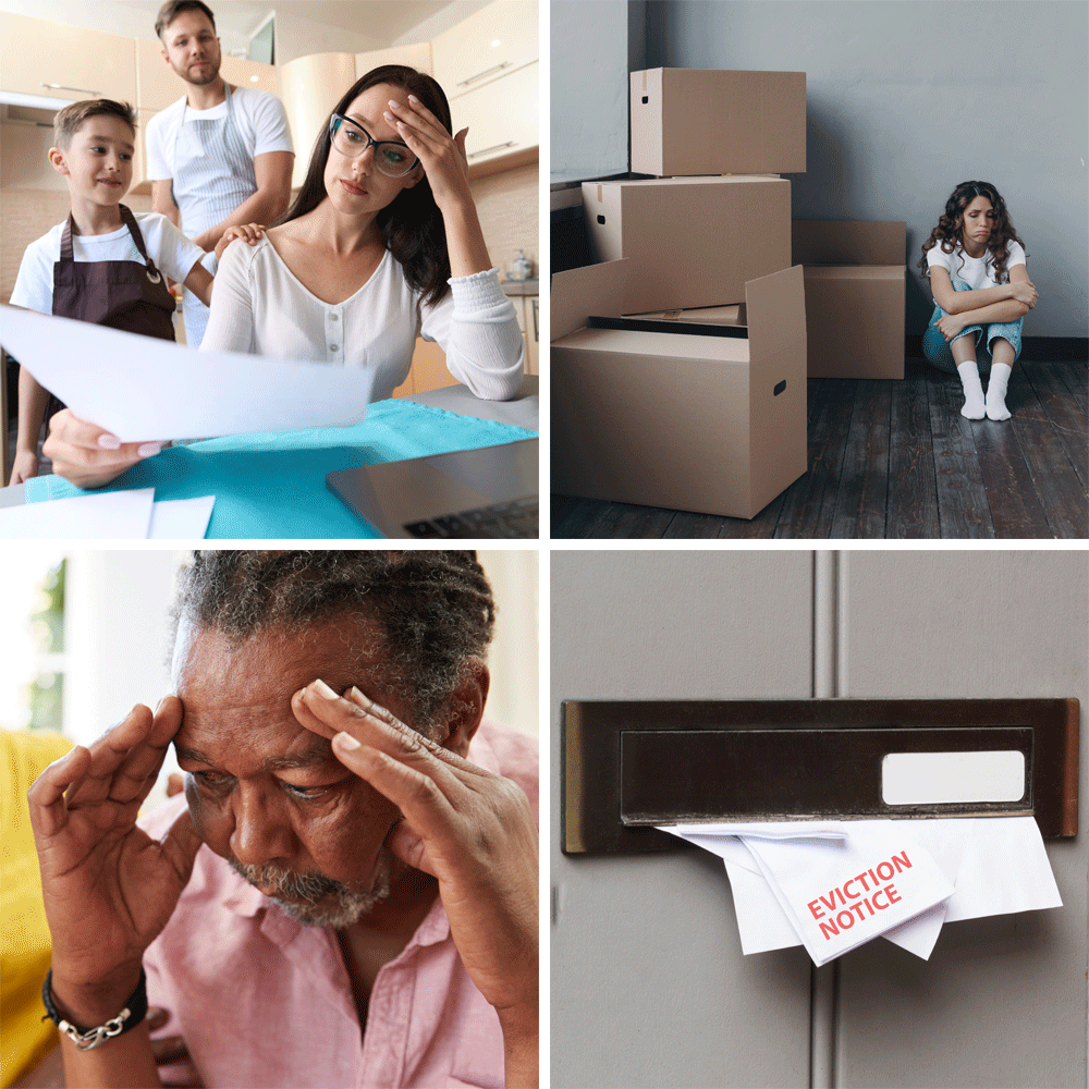 Collage of stressed woman paying bills, a sad woman surrounded by moving boxes, an eviction notice stuffed in the mail slot, and a man with his hands on his head.