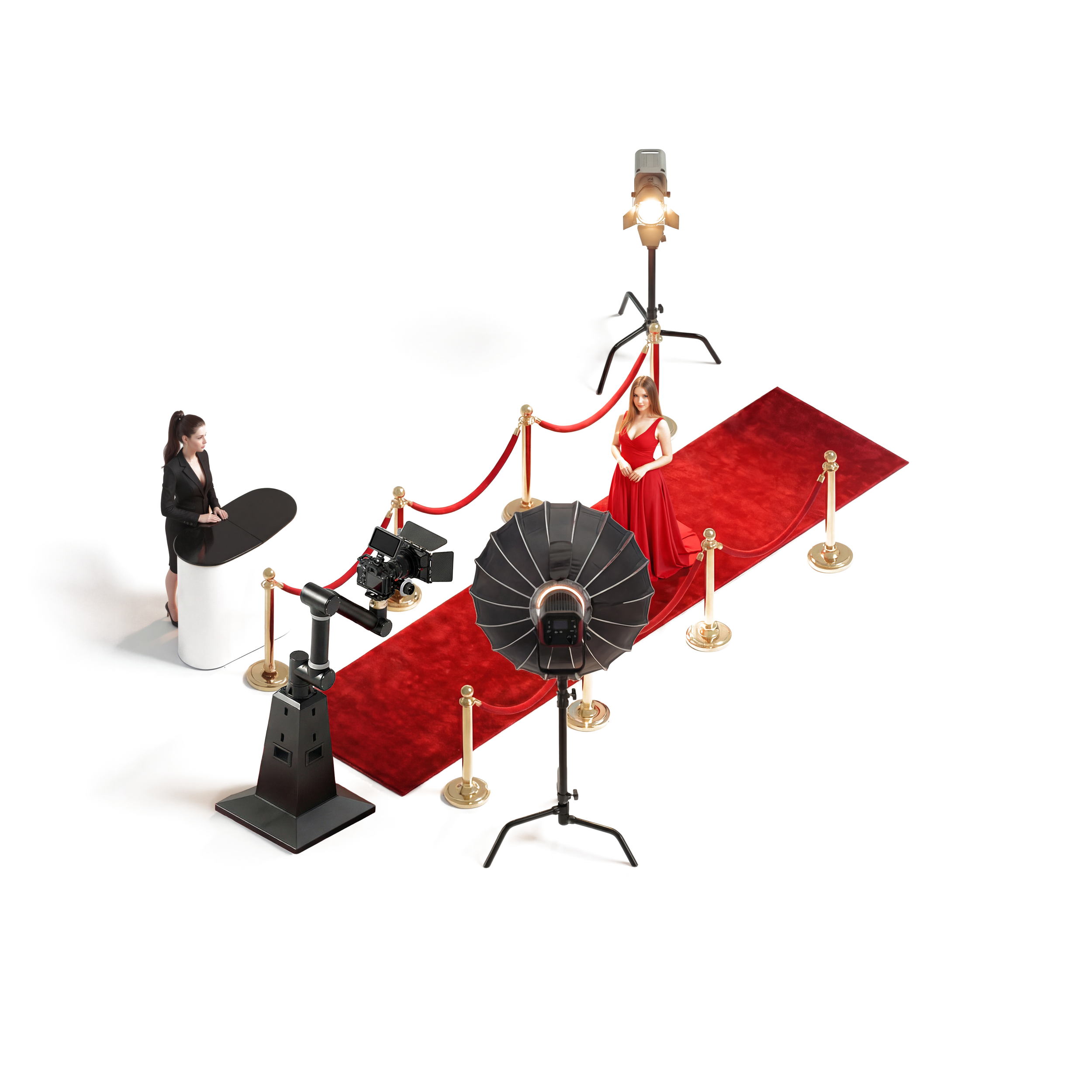 A woman in a red dress posing on a red carpet at a photo shoot, with professional lighting and camera equipment around her, and a woman in black standing at a backdrop.