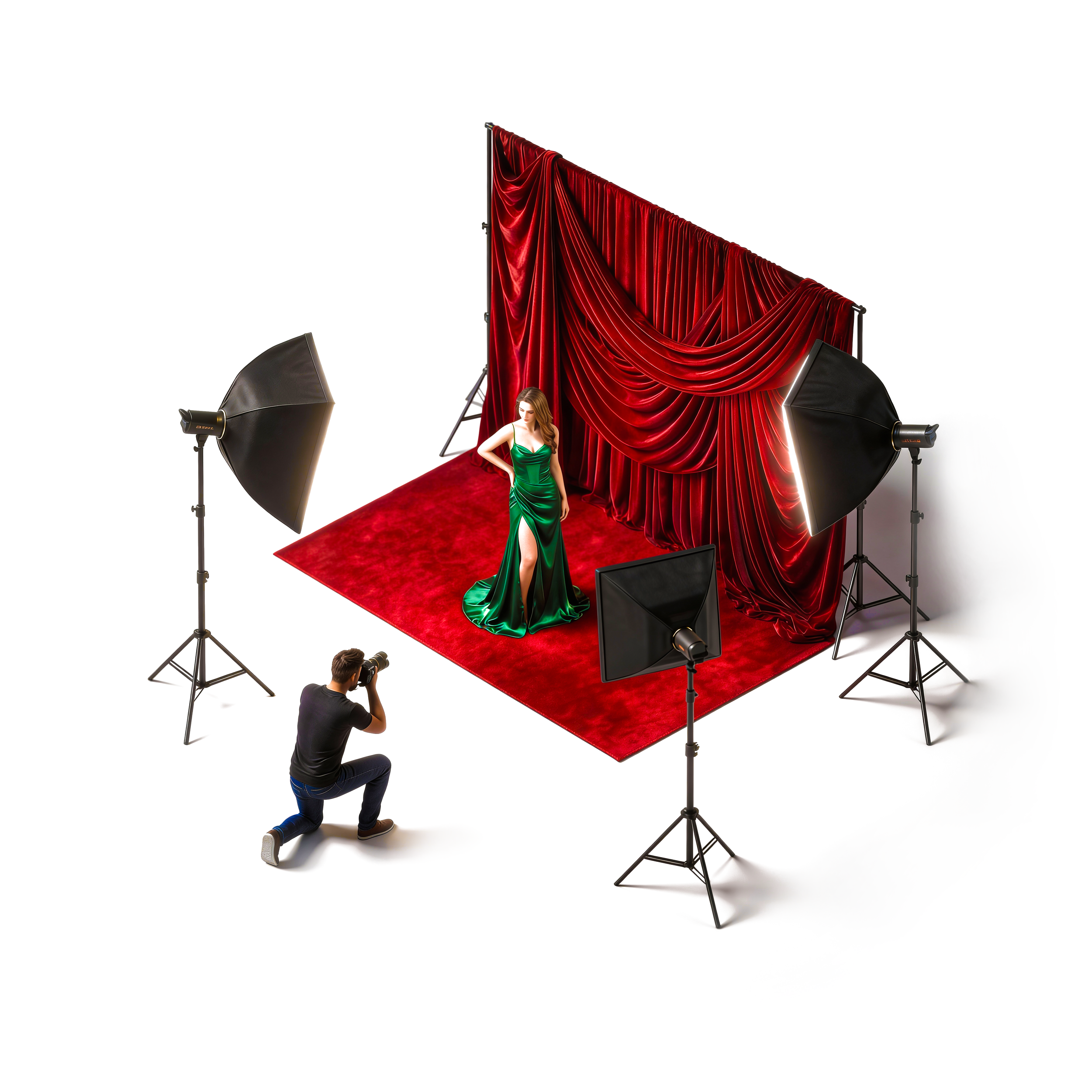 A female model in a green dress posing on a red carpet with red velvet curtains in a photo studio, with a photographer taking pictures and professional lighting equipment around her.