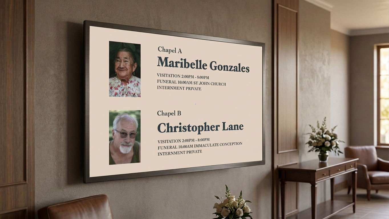 The Digital Directory display in a funeral home lobby