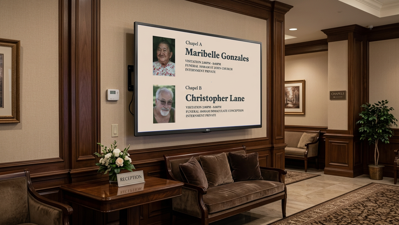 The Digital Directory display in a funeral home lobby with visitation and funeral times, set in a wood-paneled reception area.