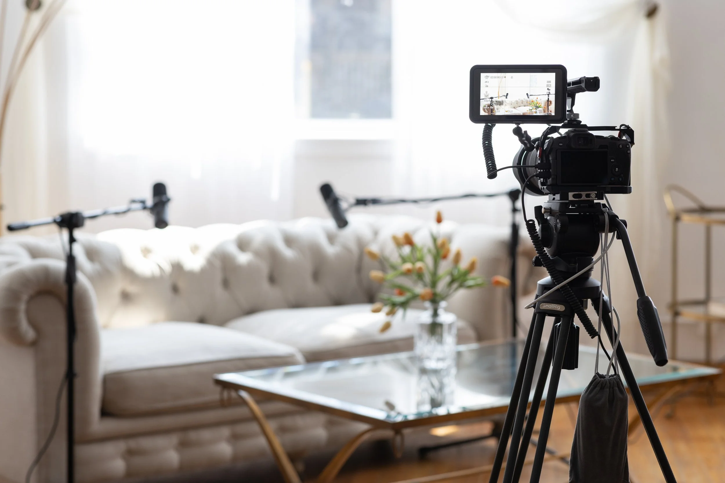 Camera setup in a well-lit living room with a white sofa, a glass table with a vase of flowers, and large windows in the background.