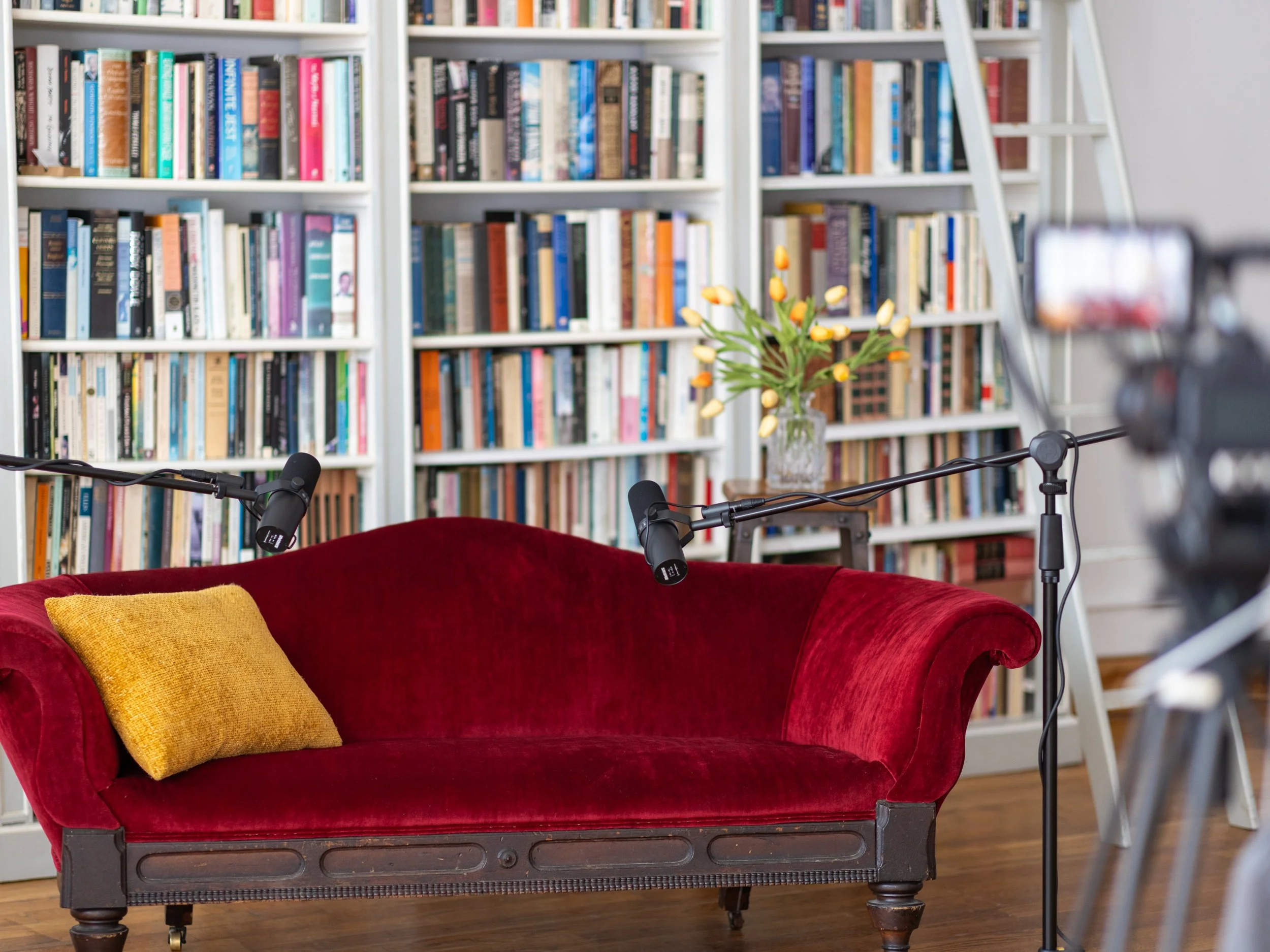 A red velvet sofa with a yellow cushion, set in front of white bookshelves filled with books. A vase with yellow and white tulips on a small table, and recording microphones on stands are also visible.