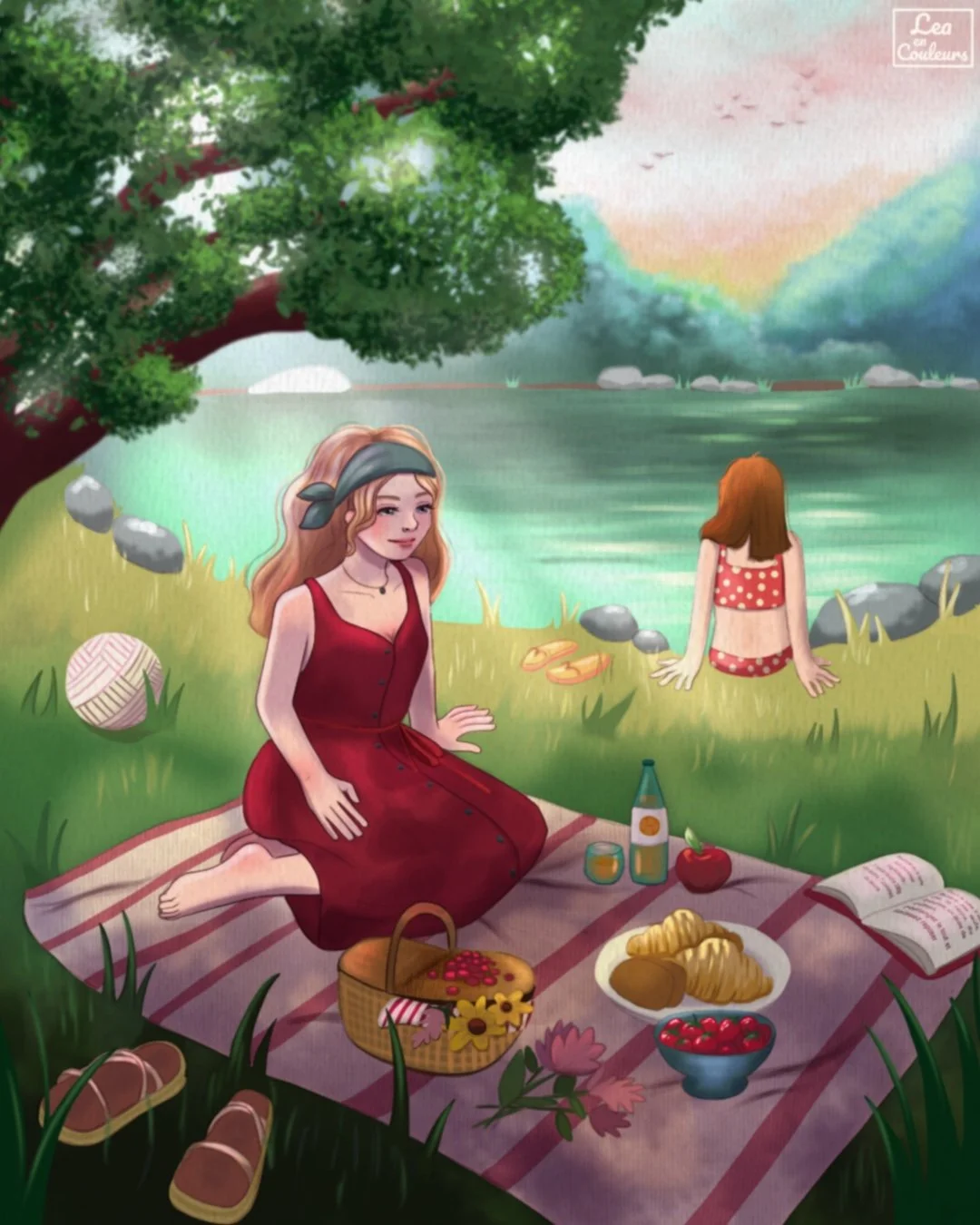 Illustration cozy / pique-nique au lac