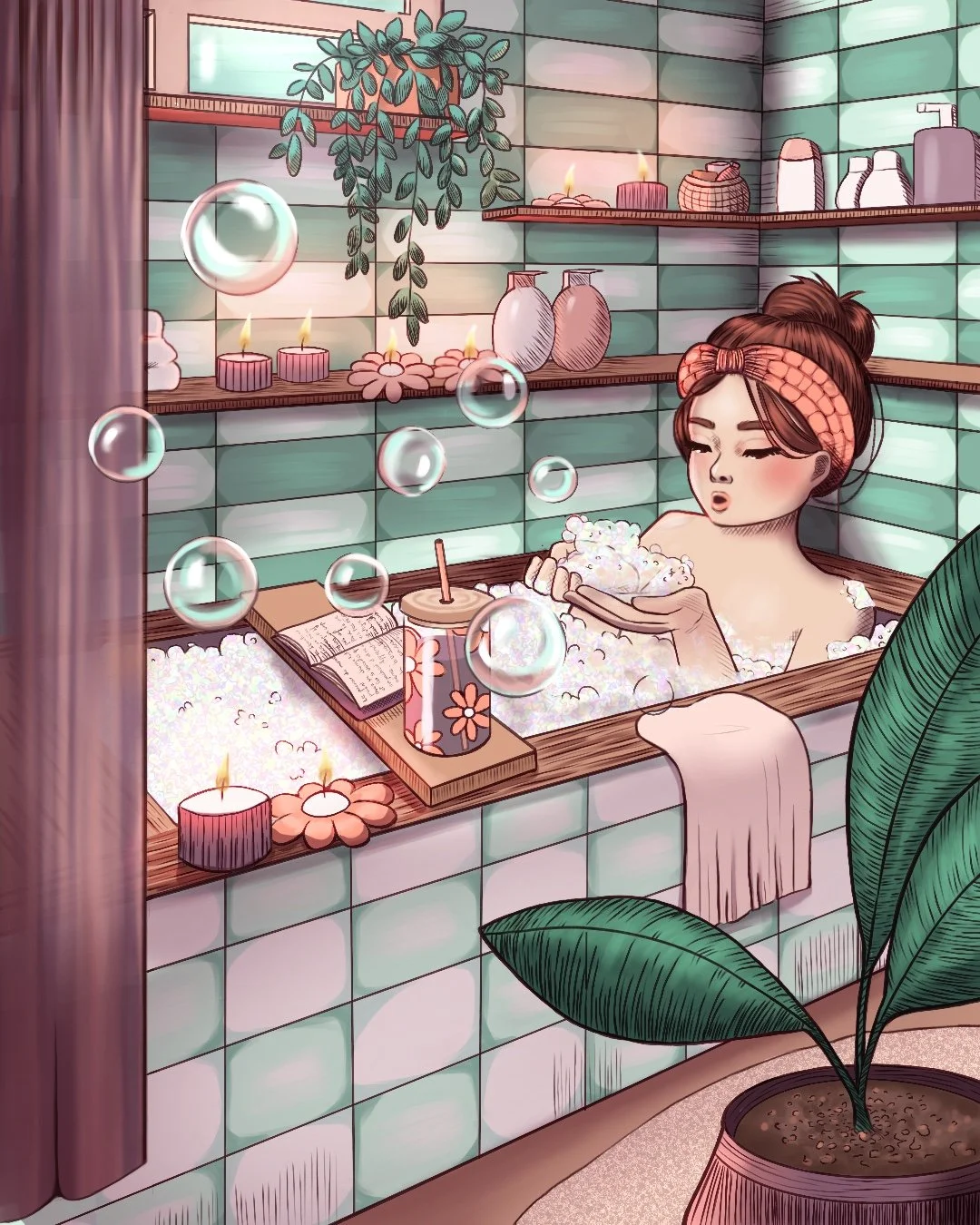Illustration cozy / bain et skincare