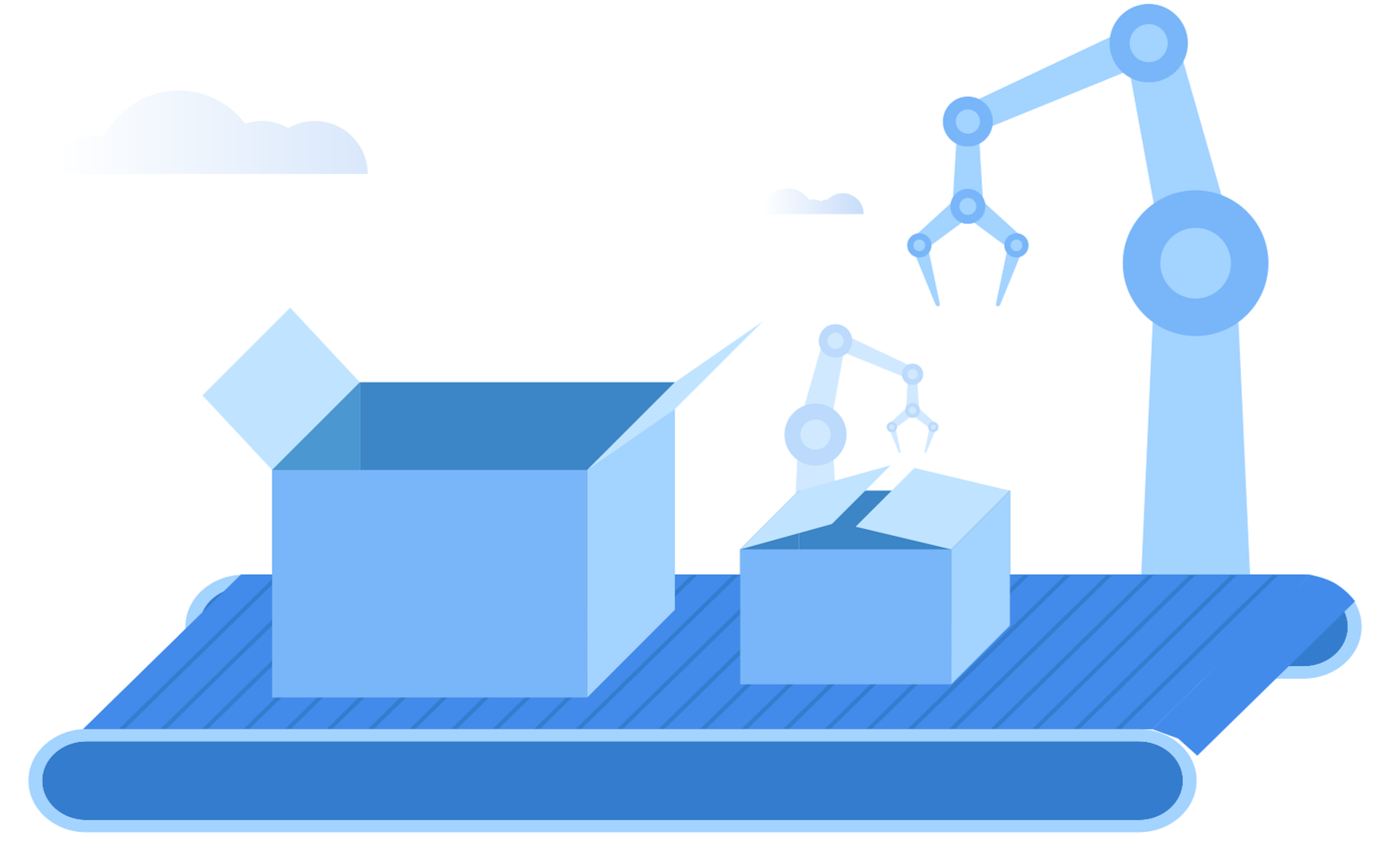 Illustration of robotic arms assembling boxes on a conveyor belt with a background of clouds.
