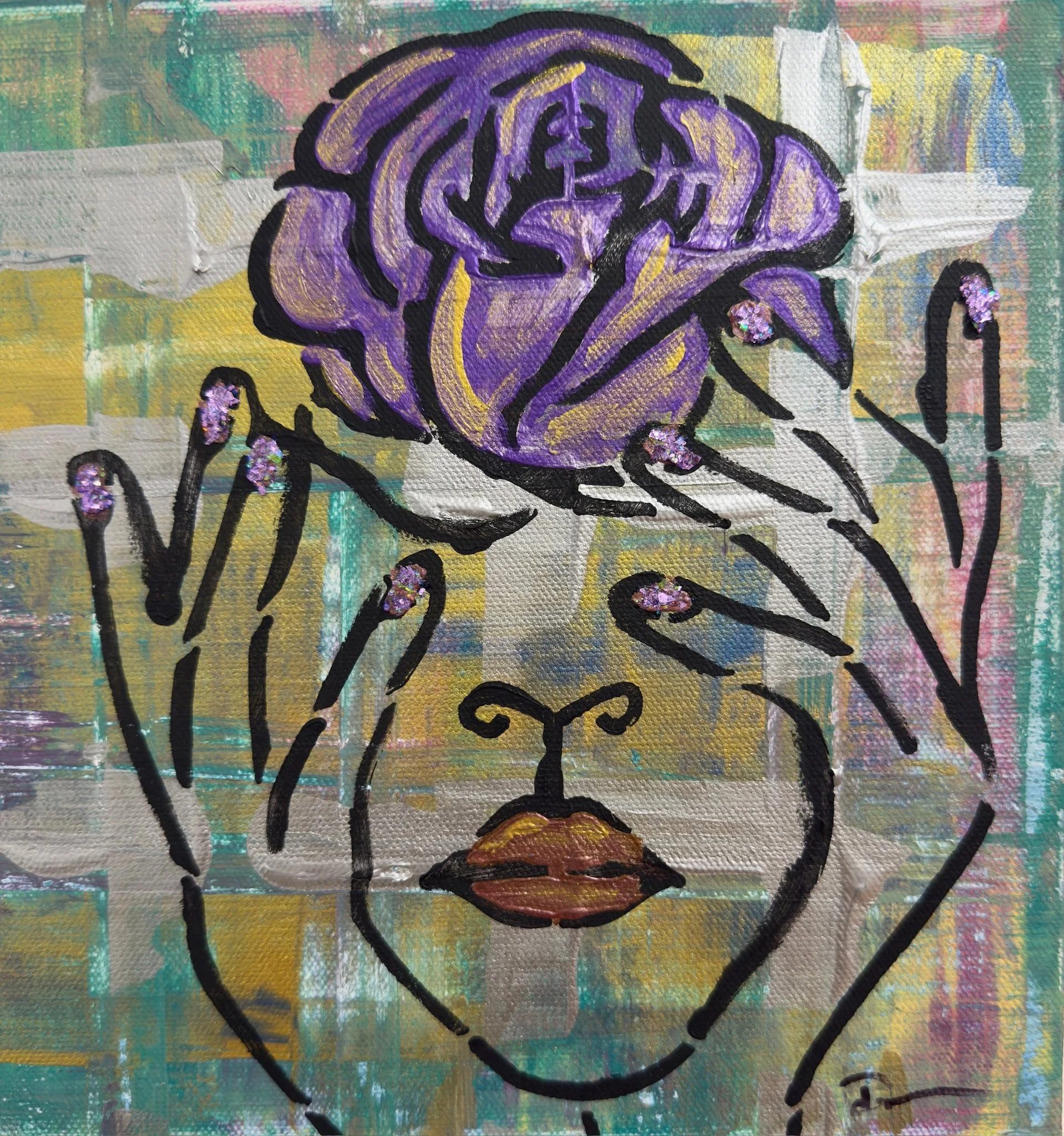 Abstract painting of a woman's face with purple flower on her head, lips, and closed eyes, with black line art and textured background.