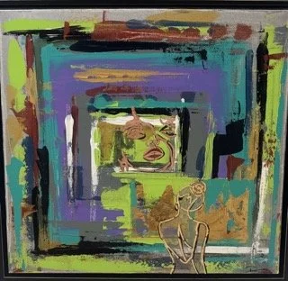 Abstract painting with layered rectangular shapes in vibrant colors, including green, purple, blue, and yellow, with a small figure at the bottom right.