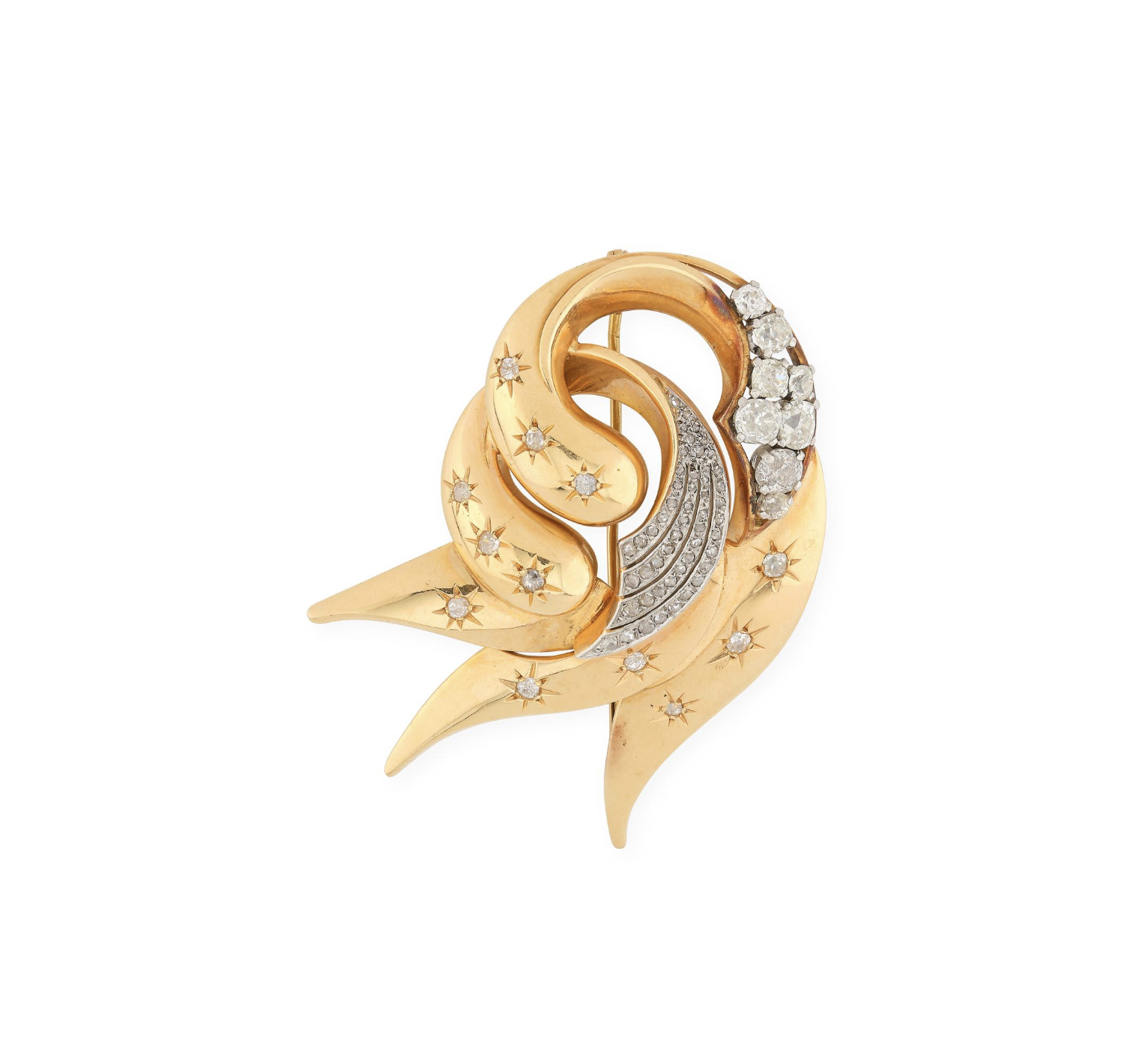 Vintage French 18K Gold, Platinum & 3+ Carat Diamond Nautilus Brooch