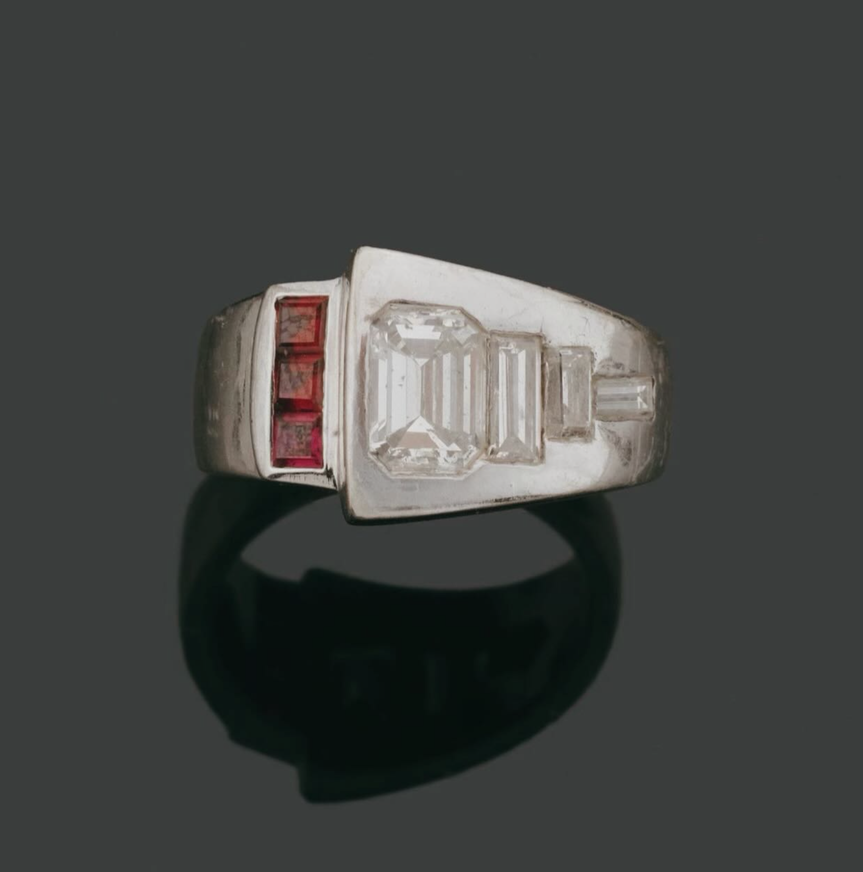 Emerald-Cut Diamond and Ruby Ring