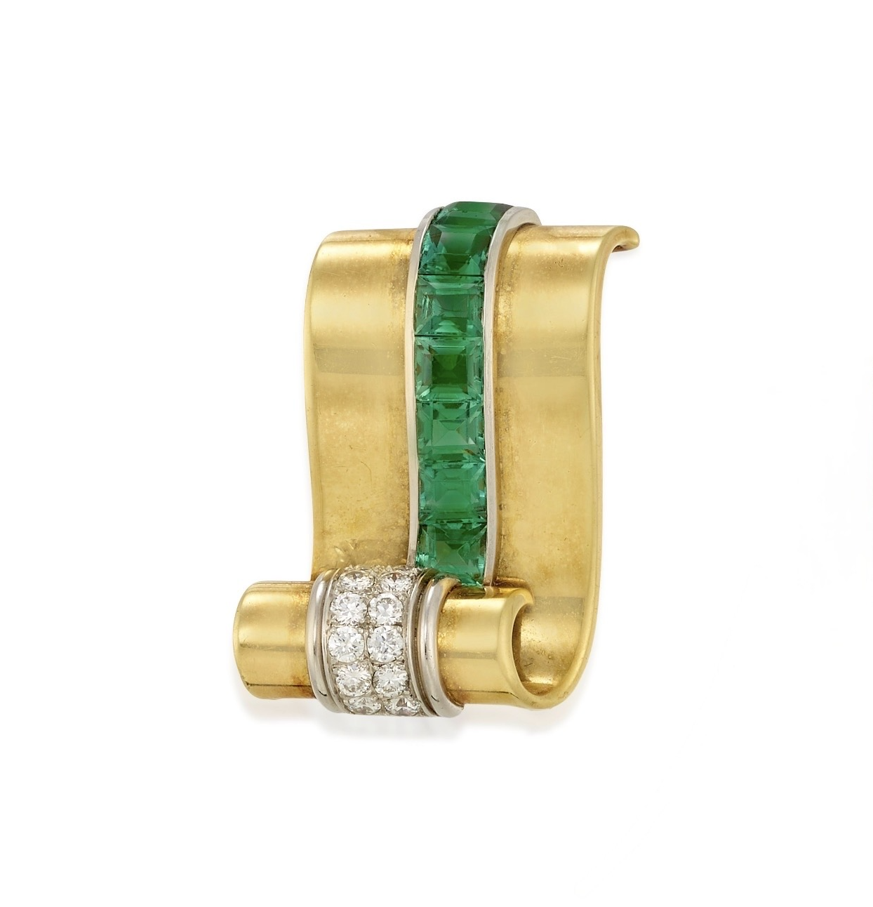 Mid-Century Modern 18K Gold, Platinum, Green Tourmaline & Diamond Clip Brooch