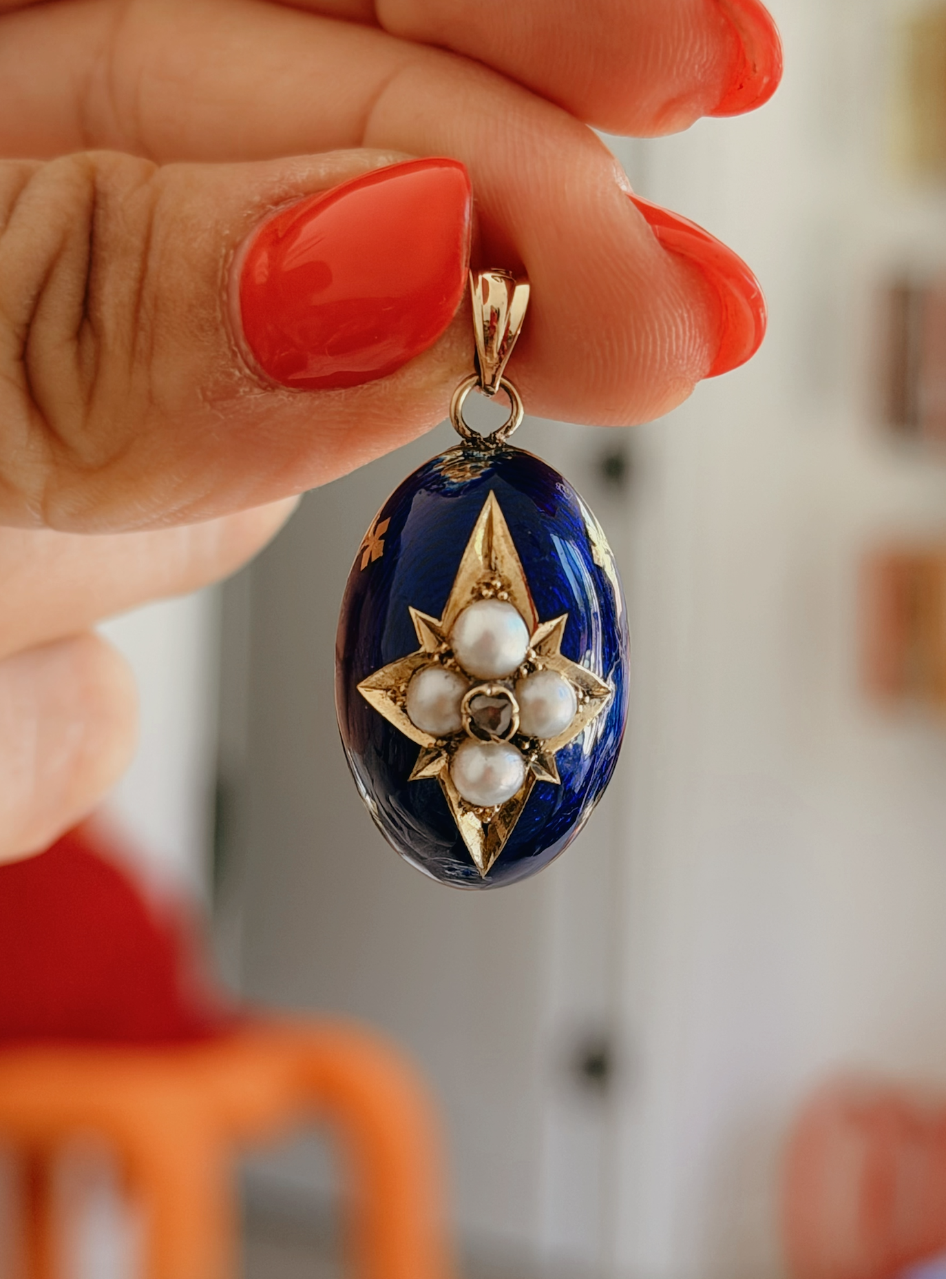 Antique Pearl, Diamond & Guilloché Enamel Pendant Conversion