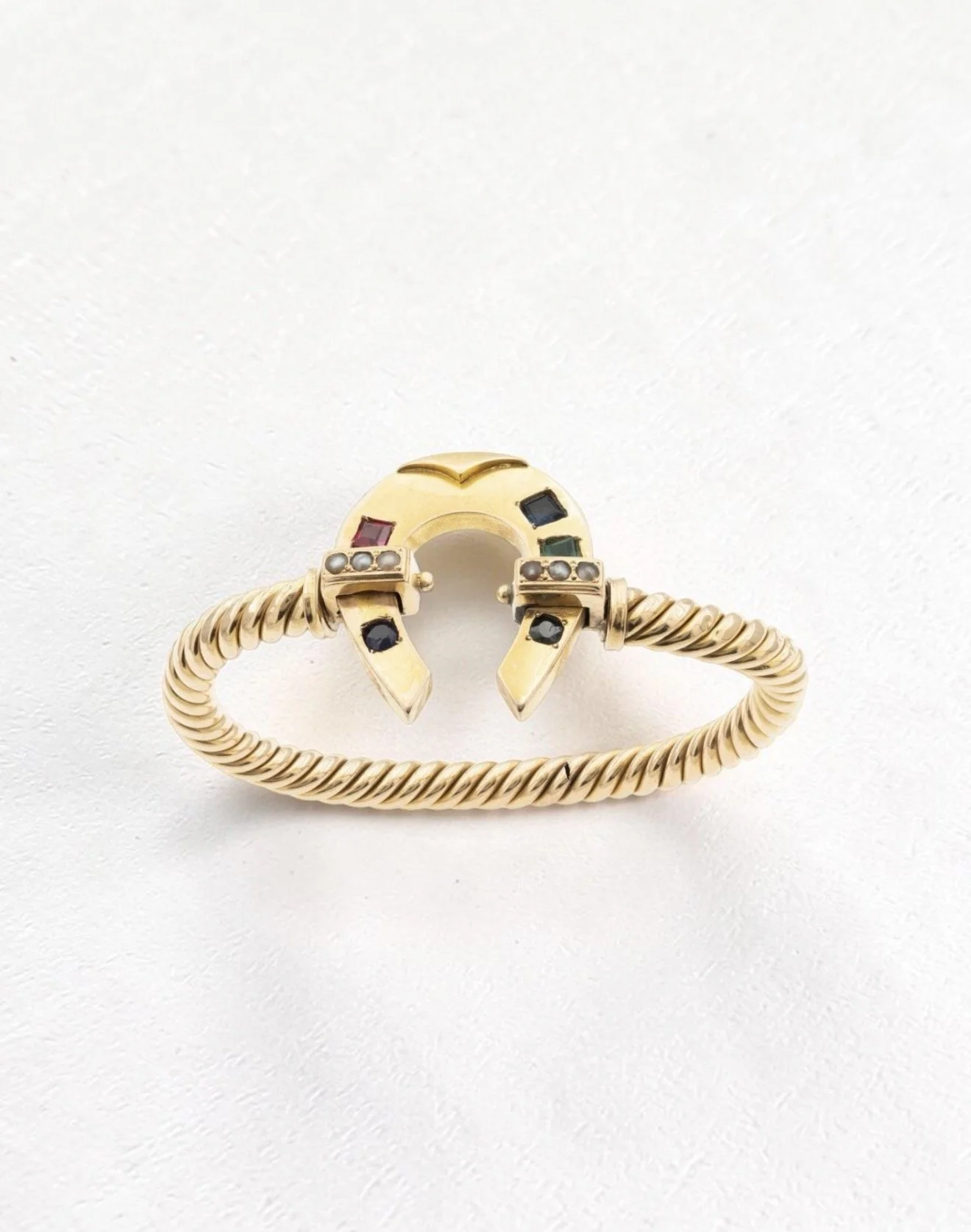 1940s French 18k Gold Gemset Horseshoe Cuff Bracelet