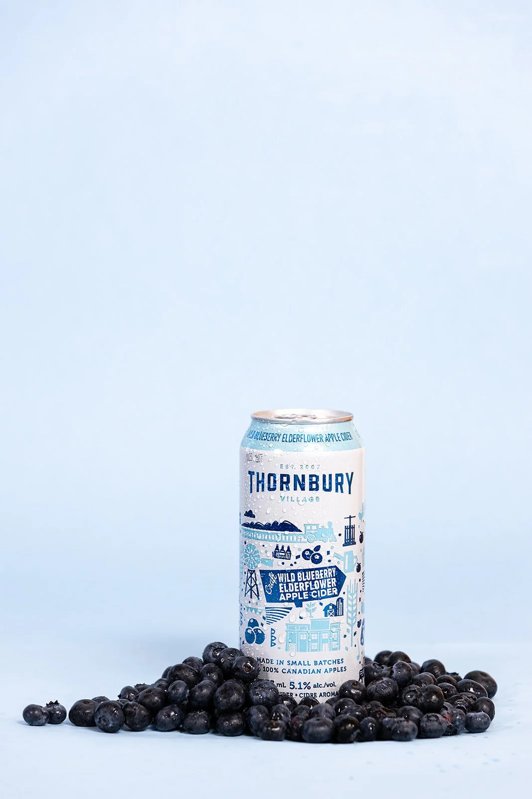 Can of Thornbury Wild Blueberry Elderflower Apple Cider with blueberries on a light blue background.