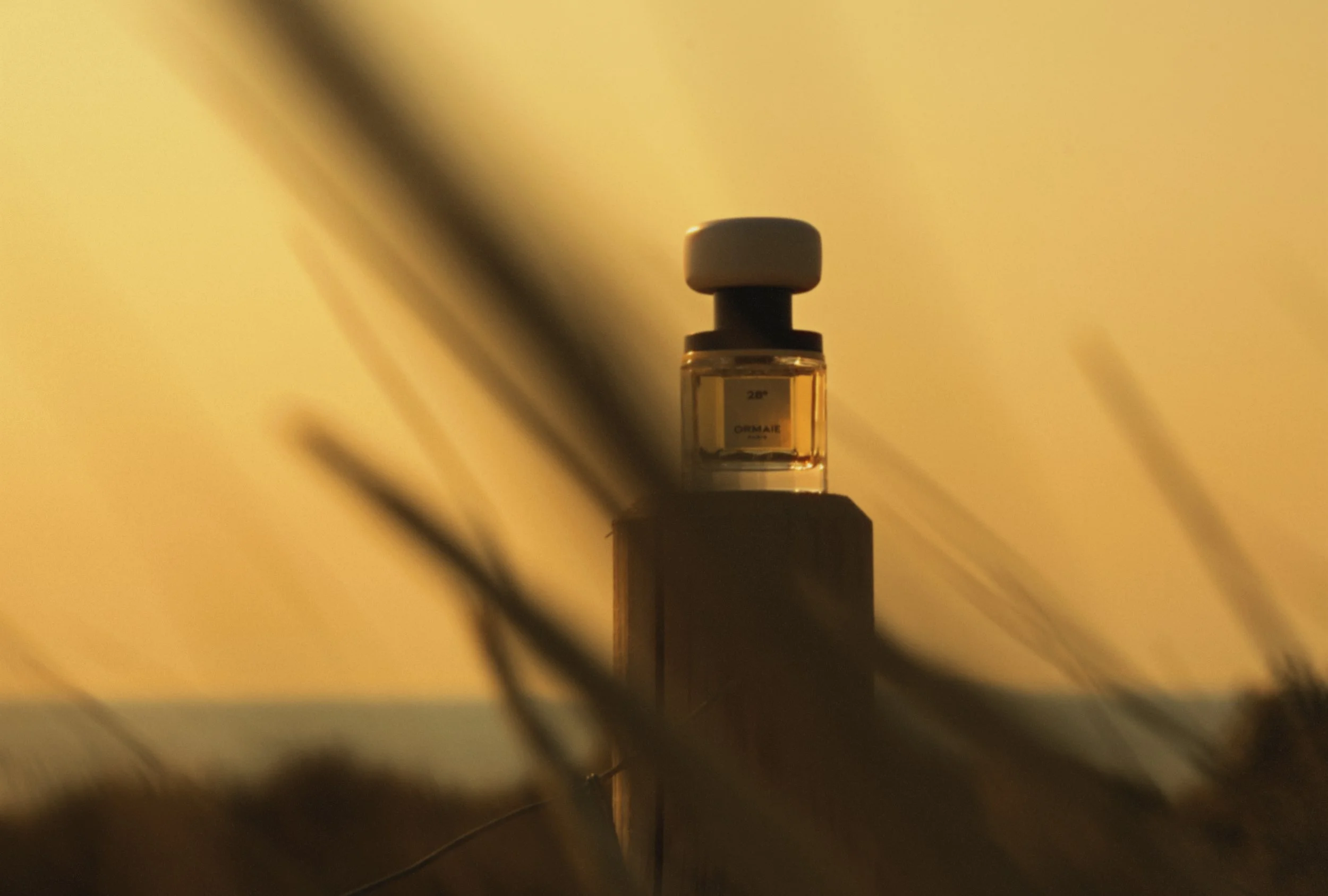 A small glass bottle with a gray cap, labeled '28° Ormaie', is placed on a dark surface in front of a yellow background. The image is slightly out of focus.