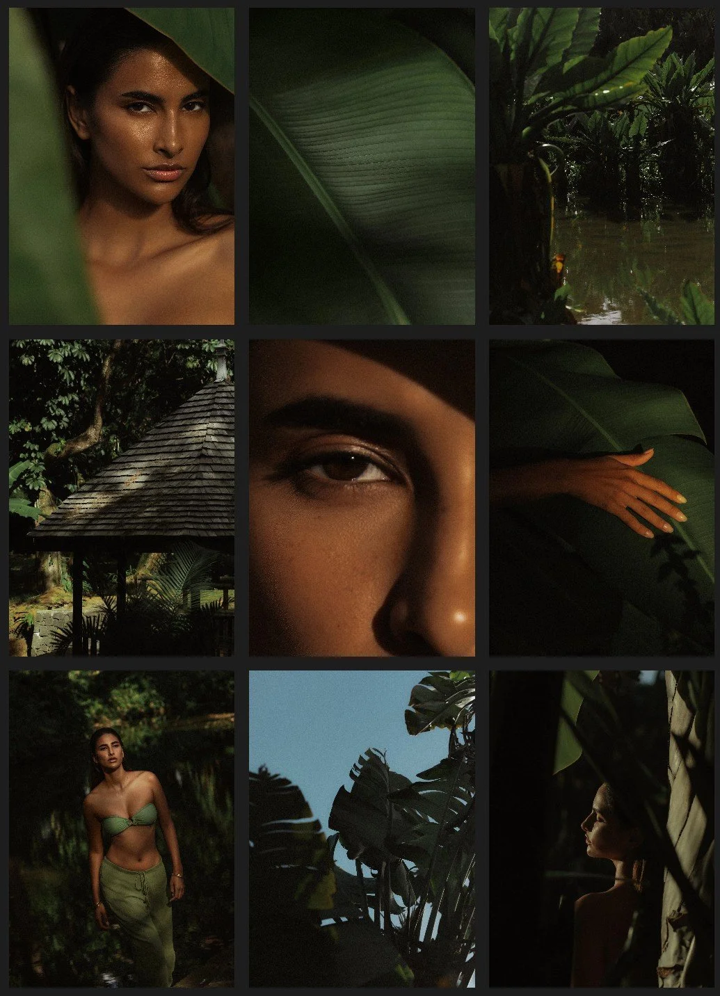 A collage of nine images featuring a woman with tan skin and dark hair, surrounded by lush green tropical plants, leaves, and natural outdoor settings. The photos include close-ups of her face and hands, a woman in a green bikini top and tan pants, a traditional thatched roof structure, dense jungle foliage, and reflections of nature in water.