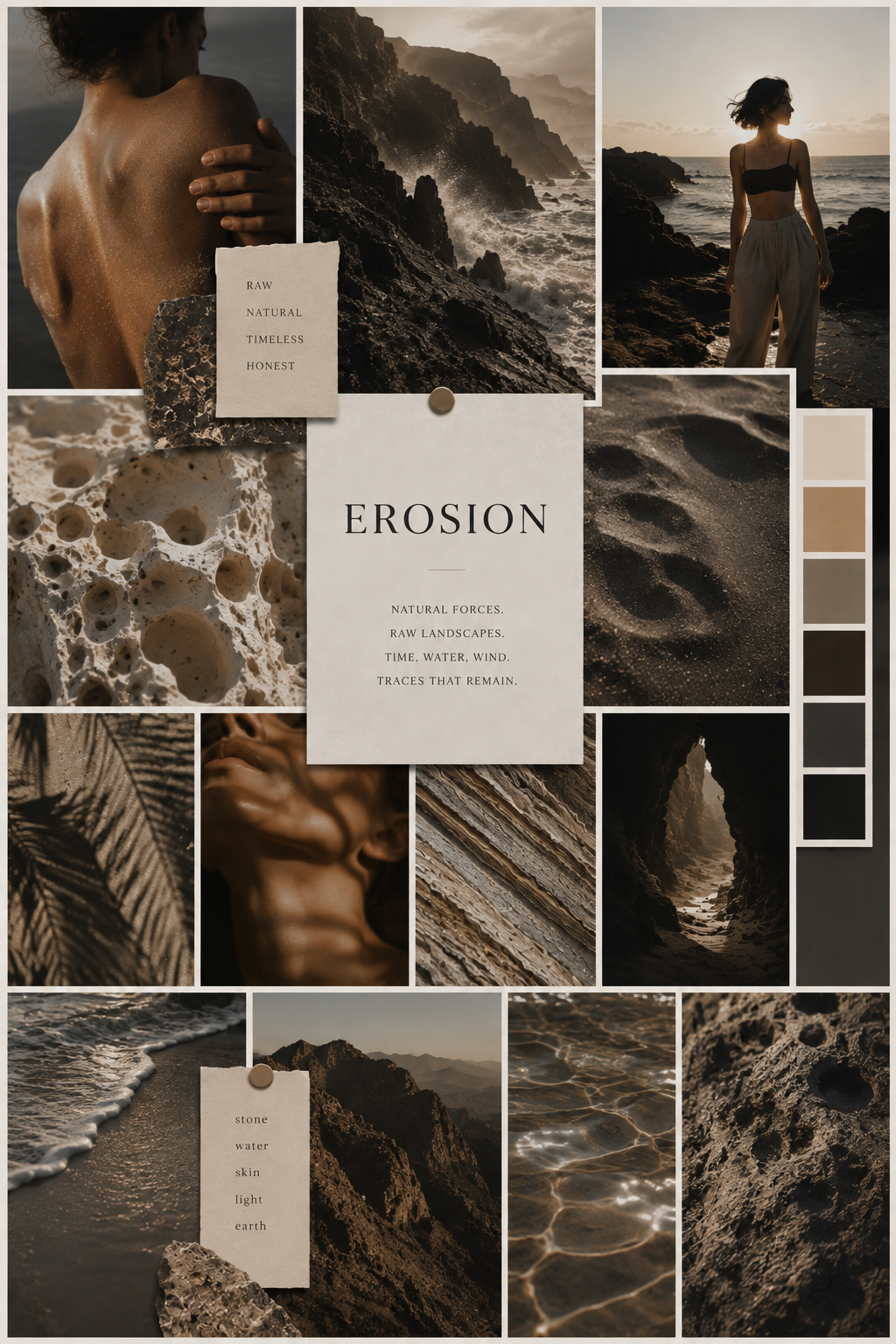 Collage of natural landscape photos including rocky coasts, ocean waves, caves, and a woman on the beach at sunset. Earthy tones and textures with name tags reading "RAW, NATURAL, TIMELESS, HONEST" and "stone, water, skin, light, earth."