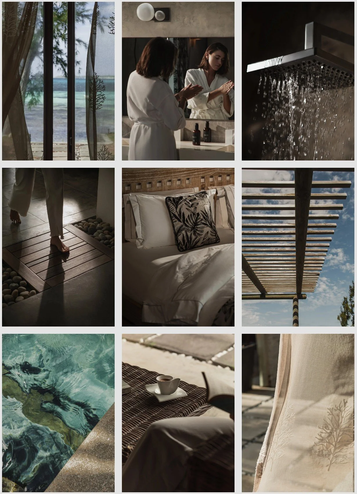 A collage of nine images showing scenes of a relaxing, luxurious outdoor and indoor spa environment. Includes a view of the ocean through sheer curtains, a woman applying lotion in a bathroom, a rainfall shower, a person walking on a wooden path, a bed with decorative pillows, a wooden pergola against a cloudy sky, a swimming pool, a cup of coffee on a wicker table, and close-up fabric with a leaf pattern.