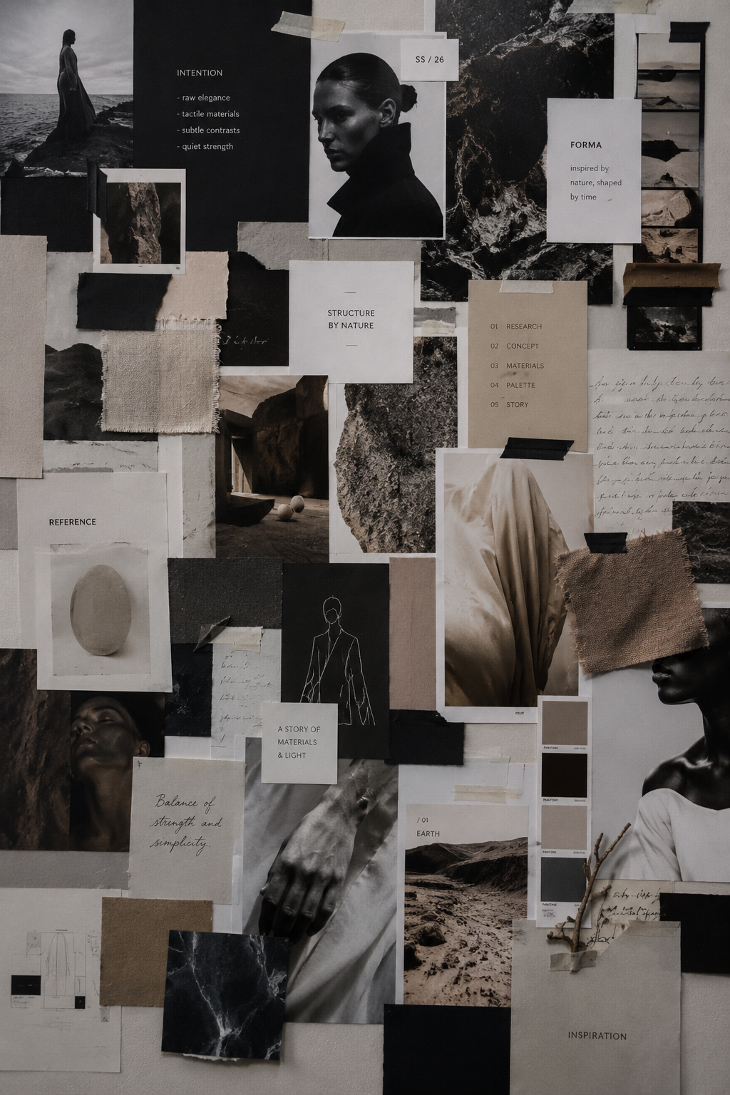 A collage of black and white photos, fabric swatches, sketches, and notes related to natural inspiration and design, including images of landscapes, a woman, and abstract textures.