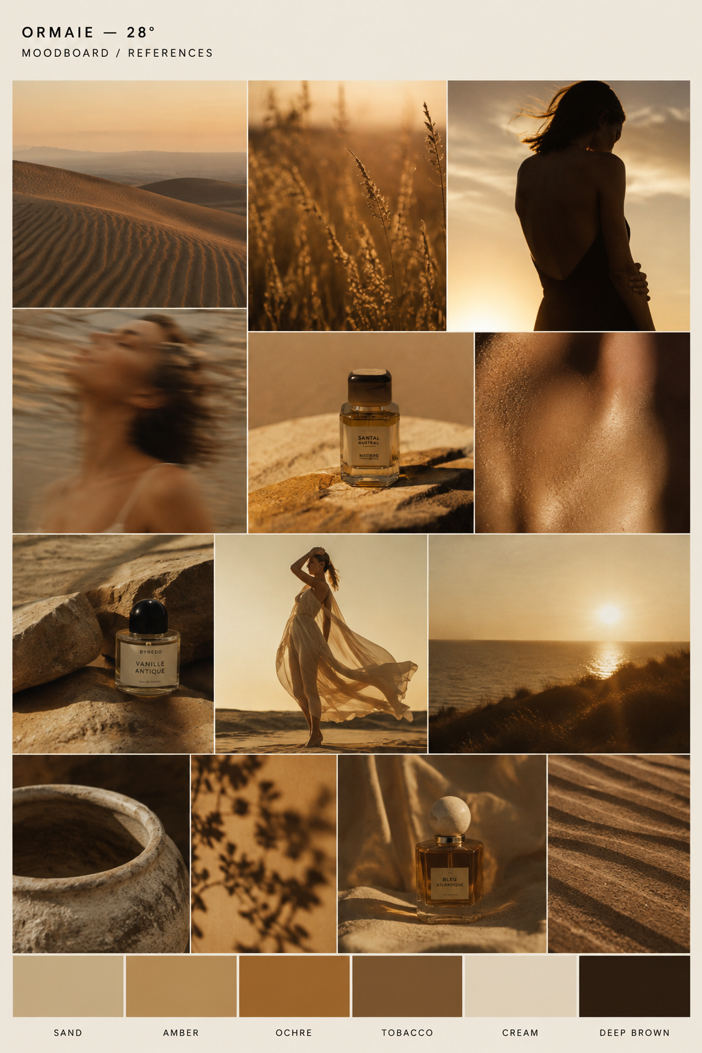 A moodboard featuring desert landscapes, wheat fields, a woman at sunset, a blurry woman by water, essential oils, a woman in a flowing dress on a beach at sunset, sand dunes, an empty clay pot, and close-up textures of sand, skin, and natural elements. The color palette includes sand, amber, ochre, tobacco, cream, and deep brown.