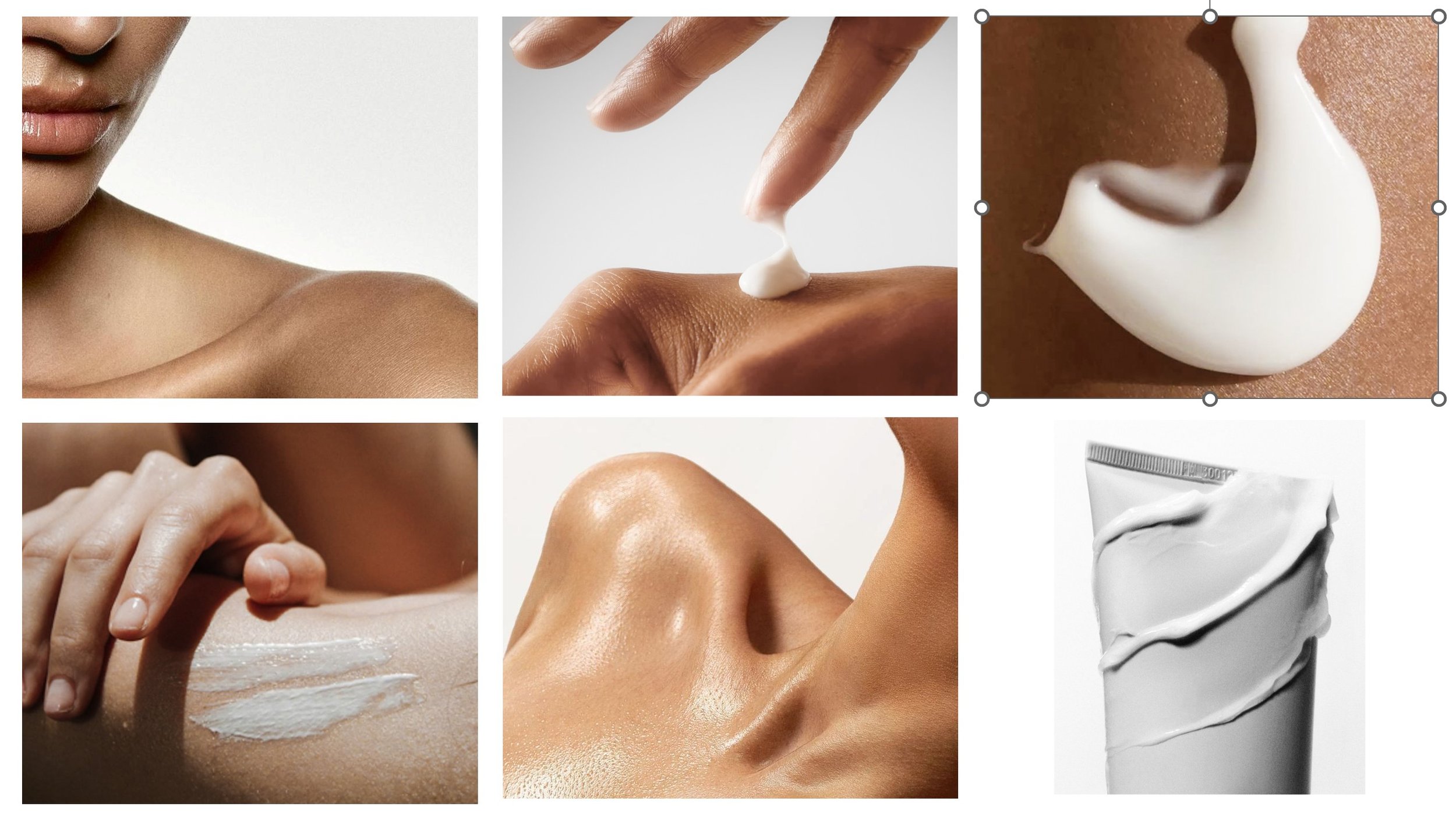 A collage of six close-up images showing skincare and cosmetic products and applications. The images feature a woman's shoulder, a hand applying cream to her face, close-up of a cheek with cream, a hand applying lotion to her back, a nose with dewy skin, and a tube of white cream.