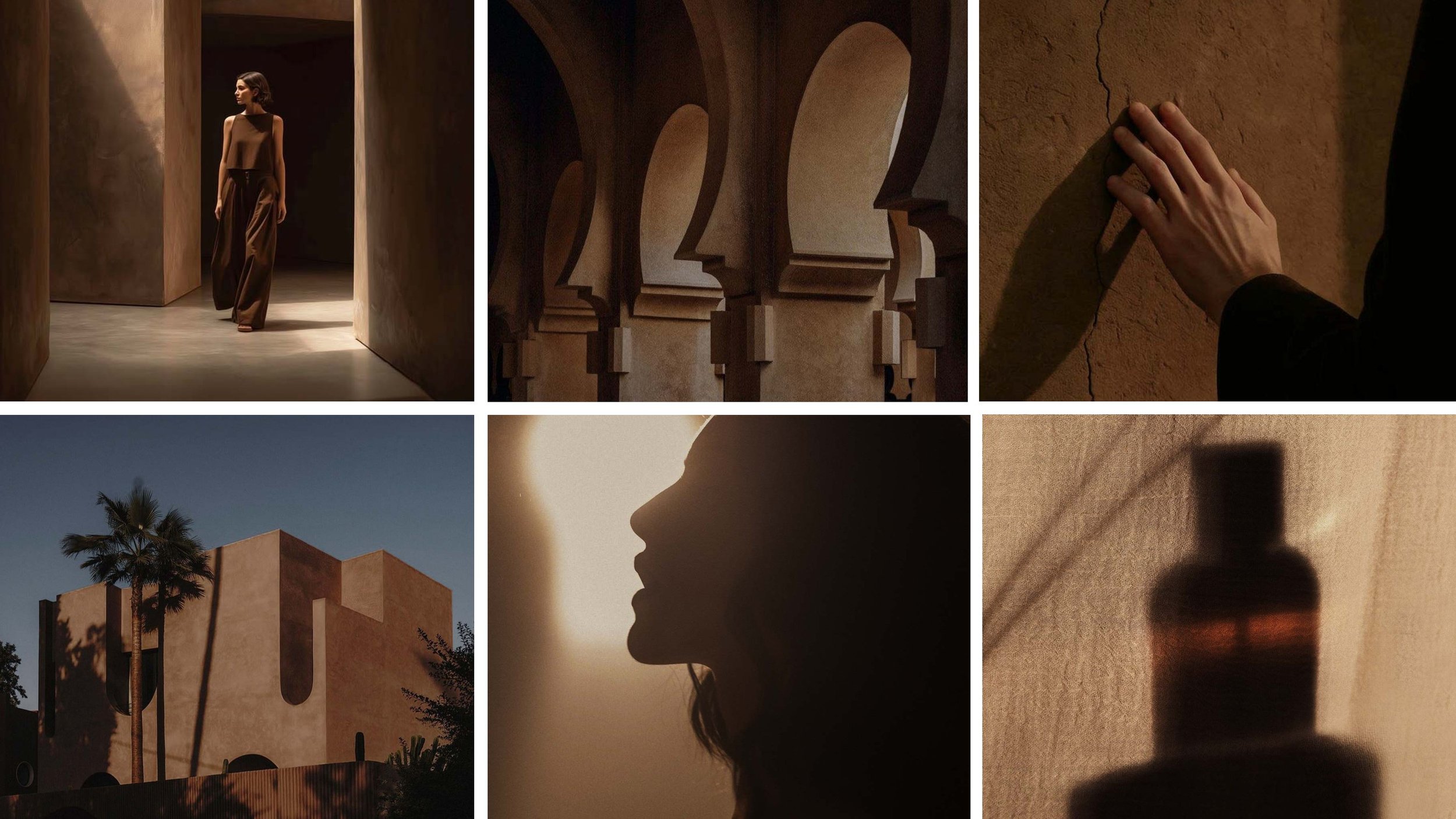 A collage of six images featuring a woman in a brown outfit walking through a corridor, architectural details, a hand touching a textured wall, silhouettes of a woman and a bottle casting shadows, a building with palm trees, and a blurry silhouette of a bottle.