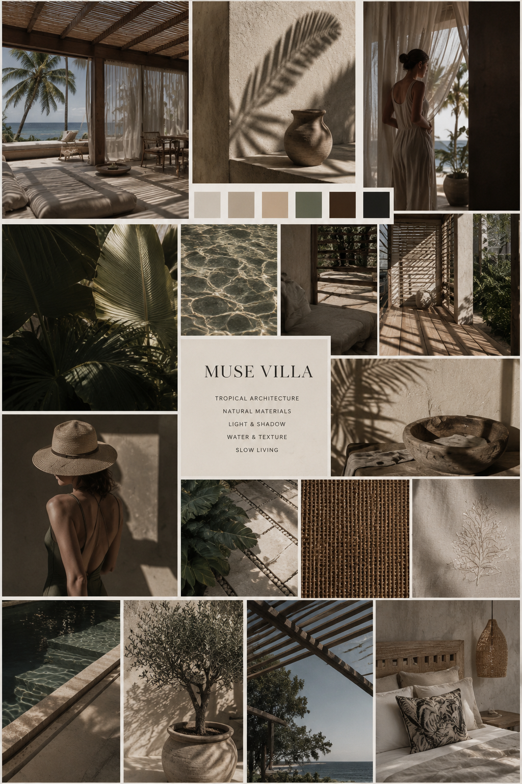 Collage of images depicting tropical architecture and natural materials at Muse Villa. Includes views of a beachfront terrace with palm trees, earthy pottery, shaded seating areas, lush greenery, water textures, a woman in summer attire, and interior space with woven decor.