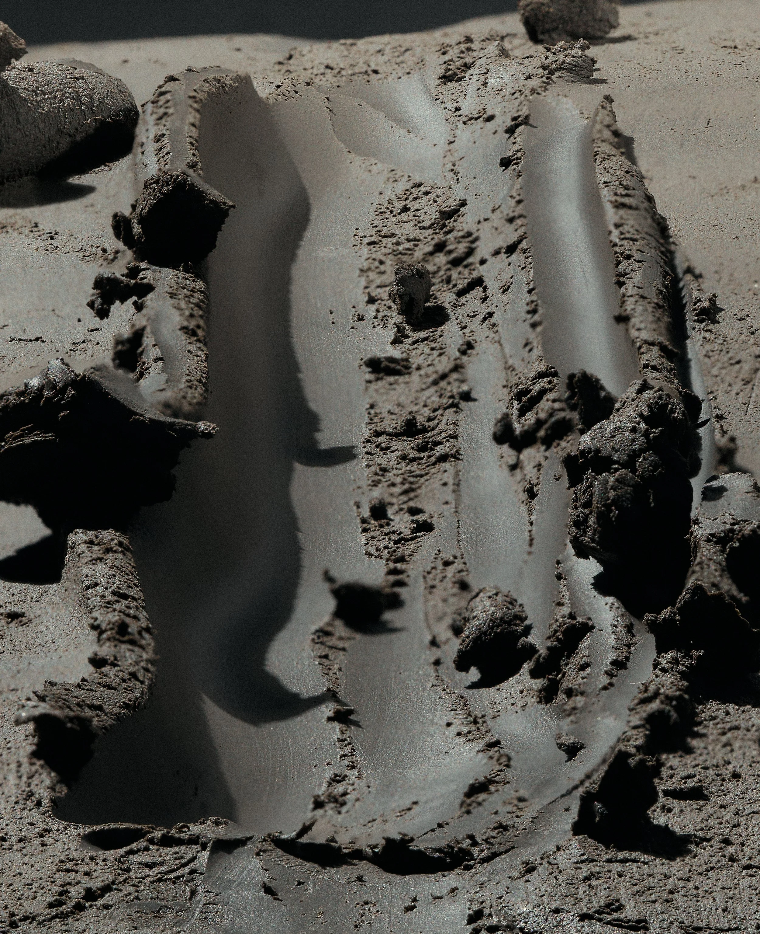 A dinosaur footprint fossil embedded in sandy ground with some rocks around it.
