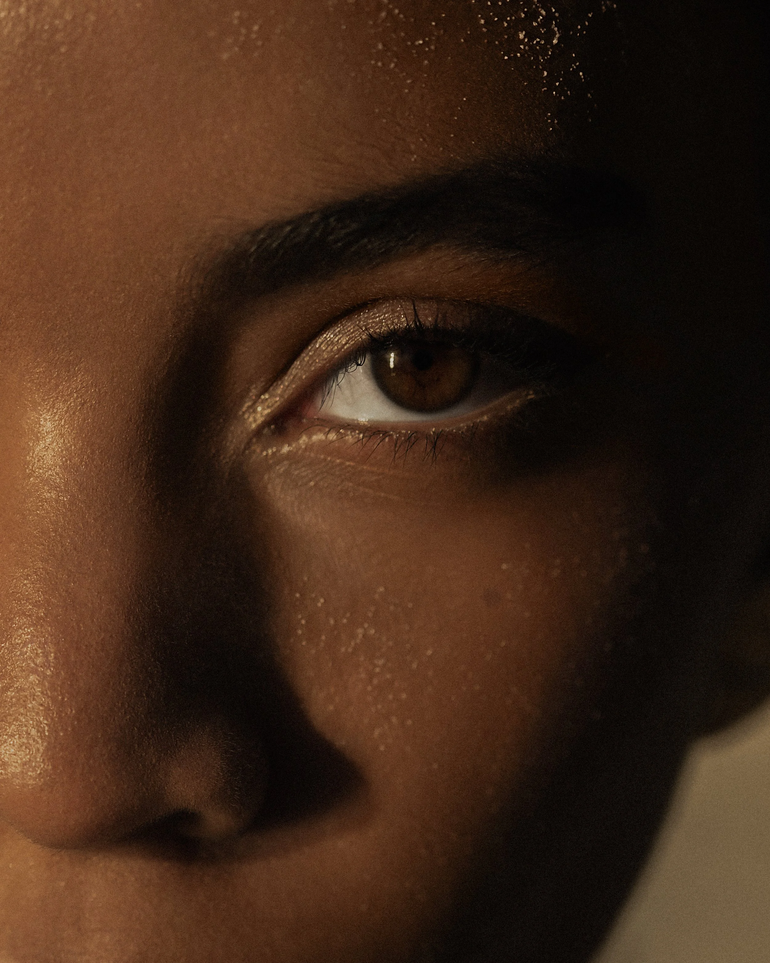 Close-up of a person's brown eye with makeup and a visible brow.